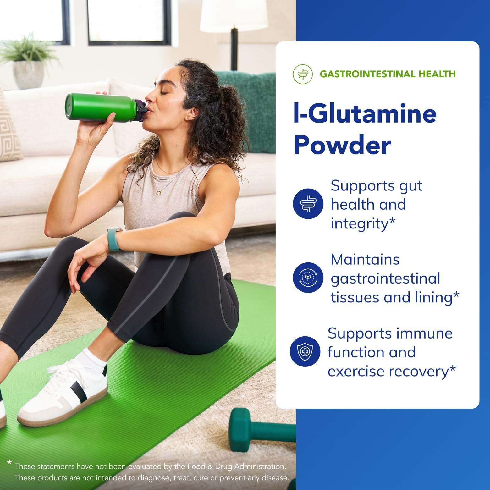 Vaso con L-glutamina Pure Encapsulations mezclada, fácil de tomar tras ejercicio