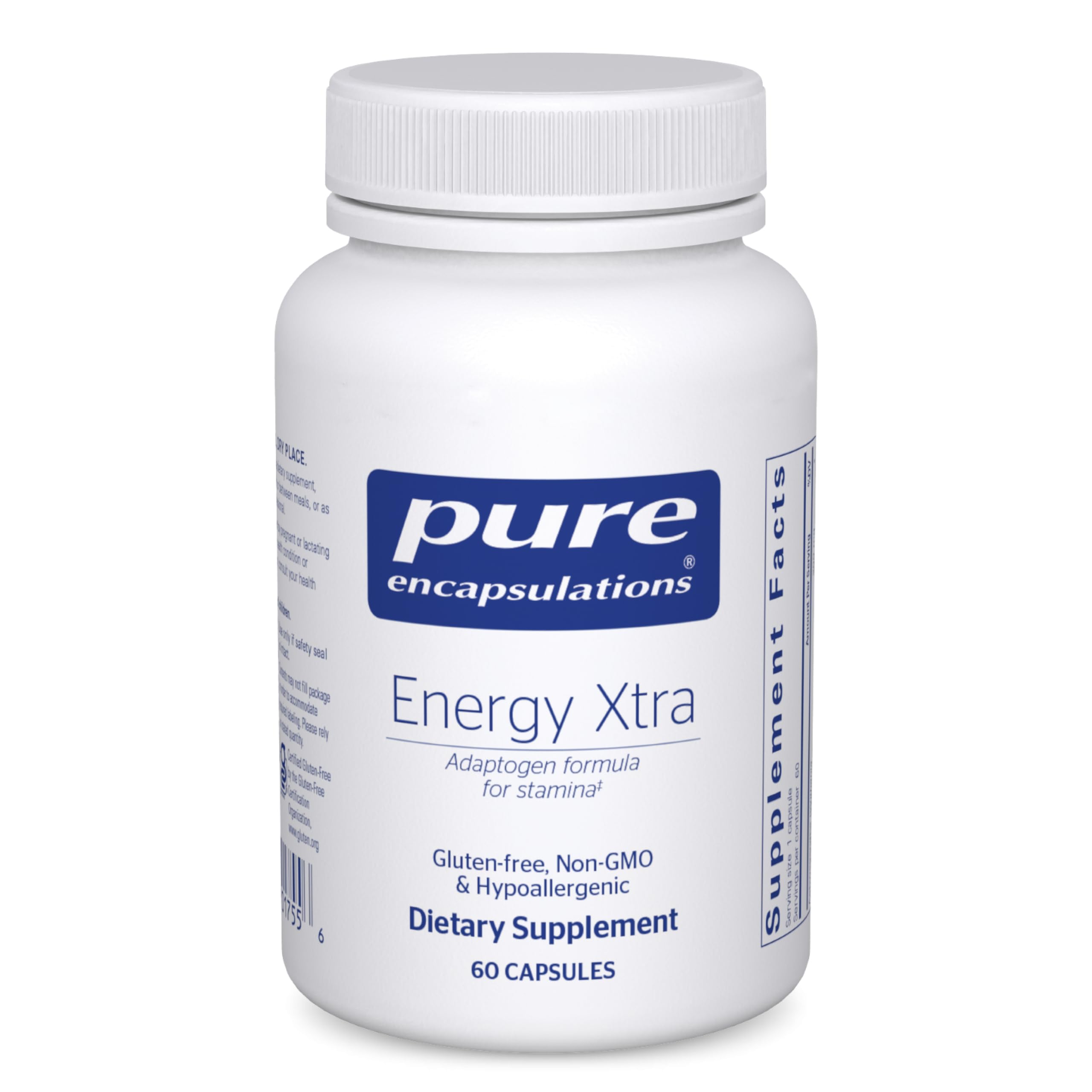 Pure Encapsulations bote frontal mostrando Energy Xtra y beneficios de energía