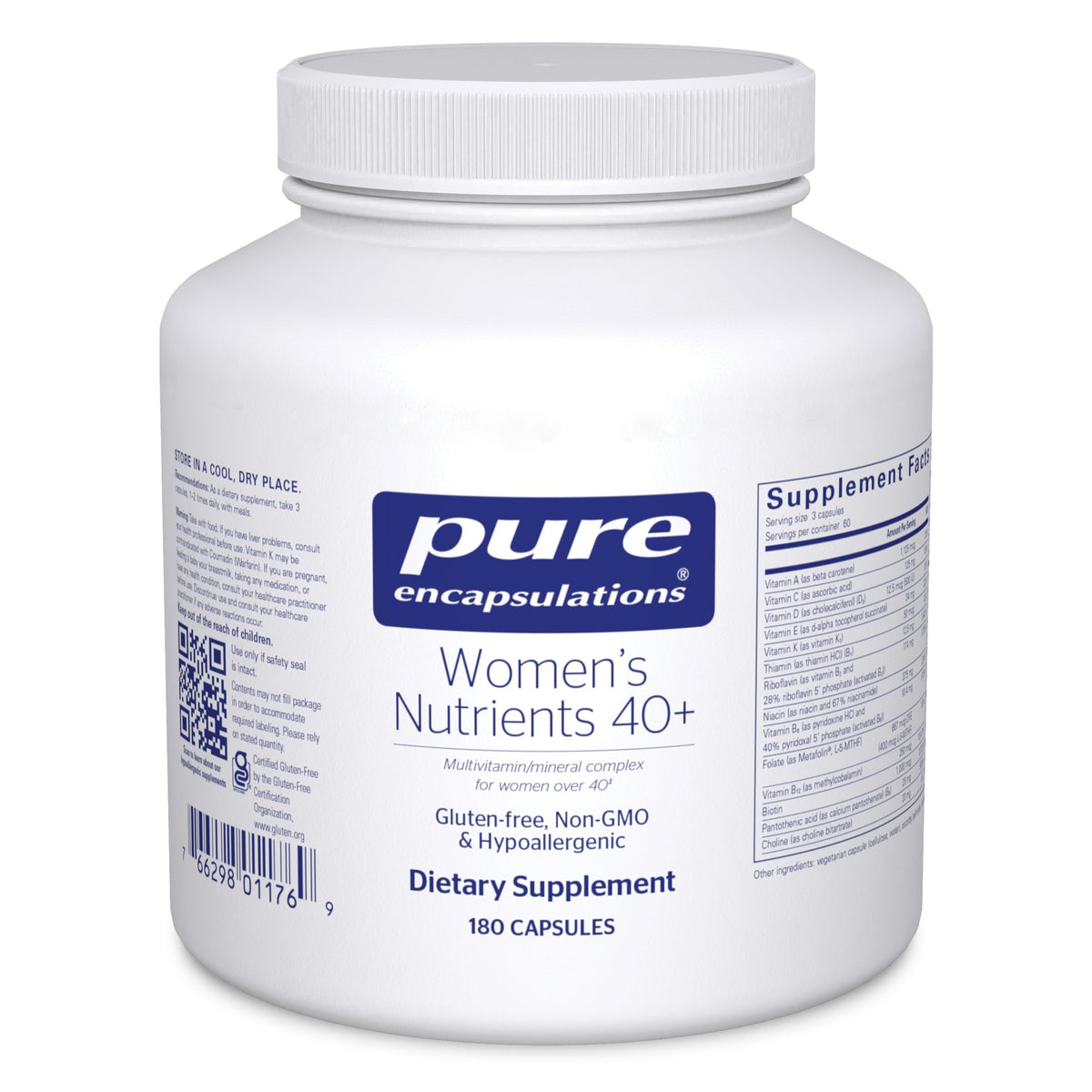 Pure Encapsulations envase frontal mostrando 180 cápsulas y beneficios