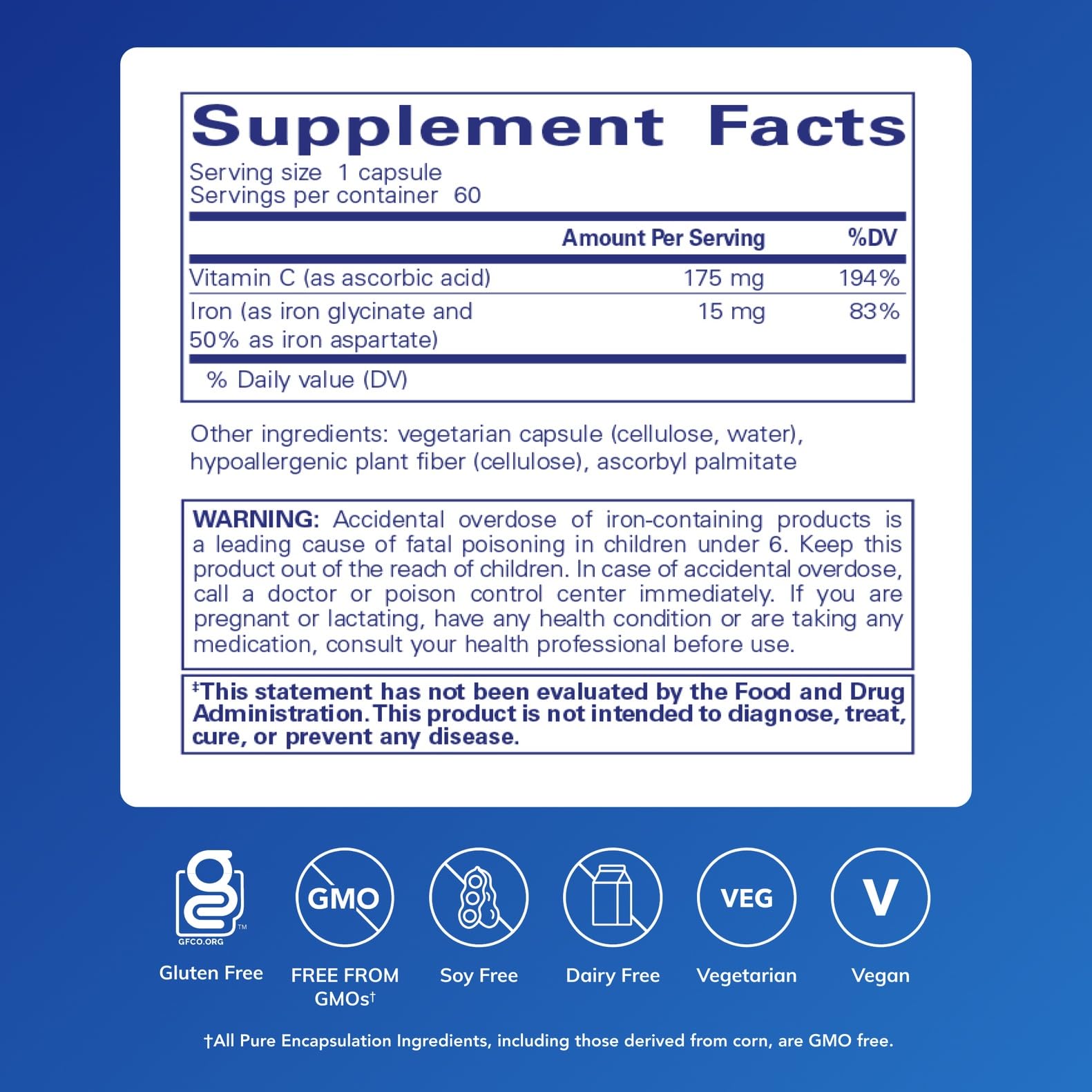Pure Encapsulations etiqueta con ingredientes y dosis, transparencia y calidad