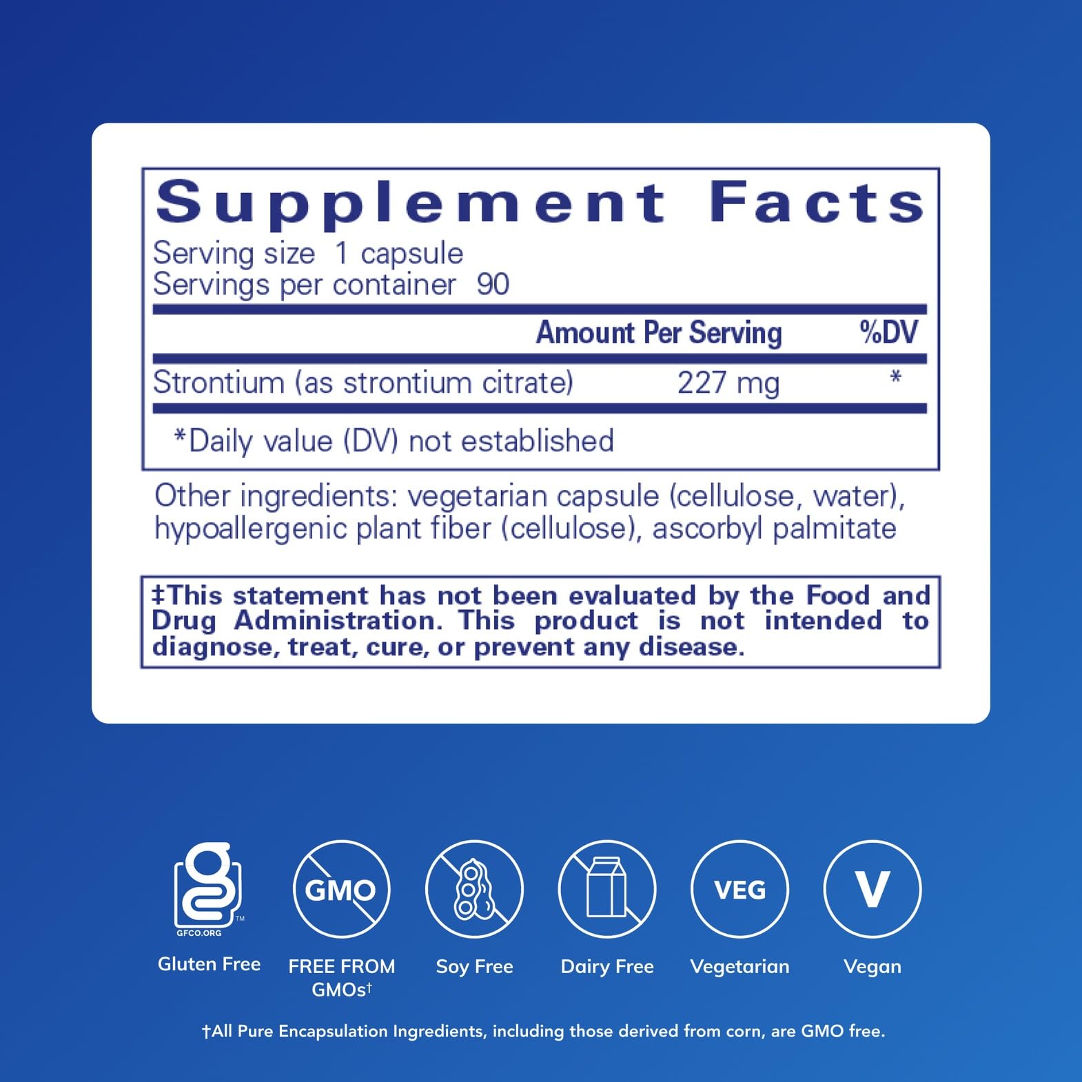 Pure Encapsulations etiqueta informativa con ingredientes y pureza certificada