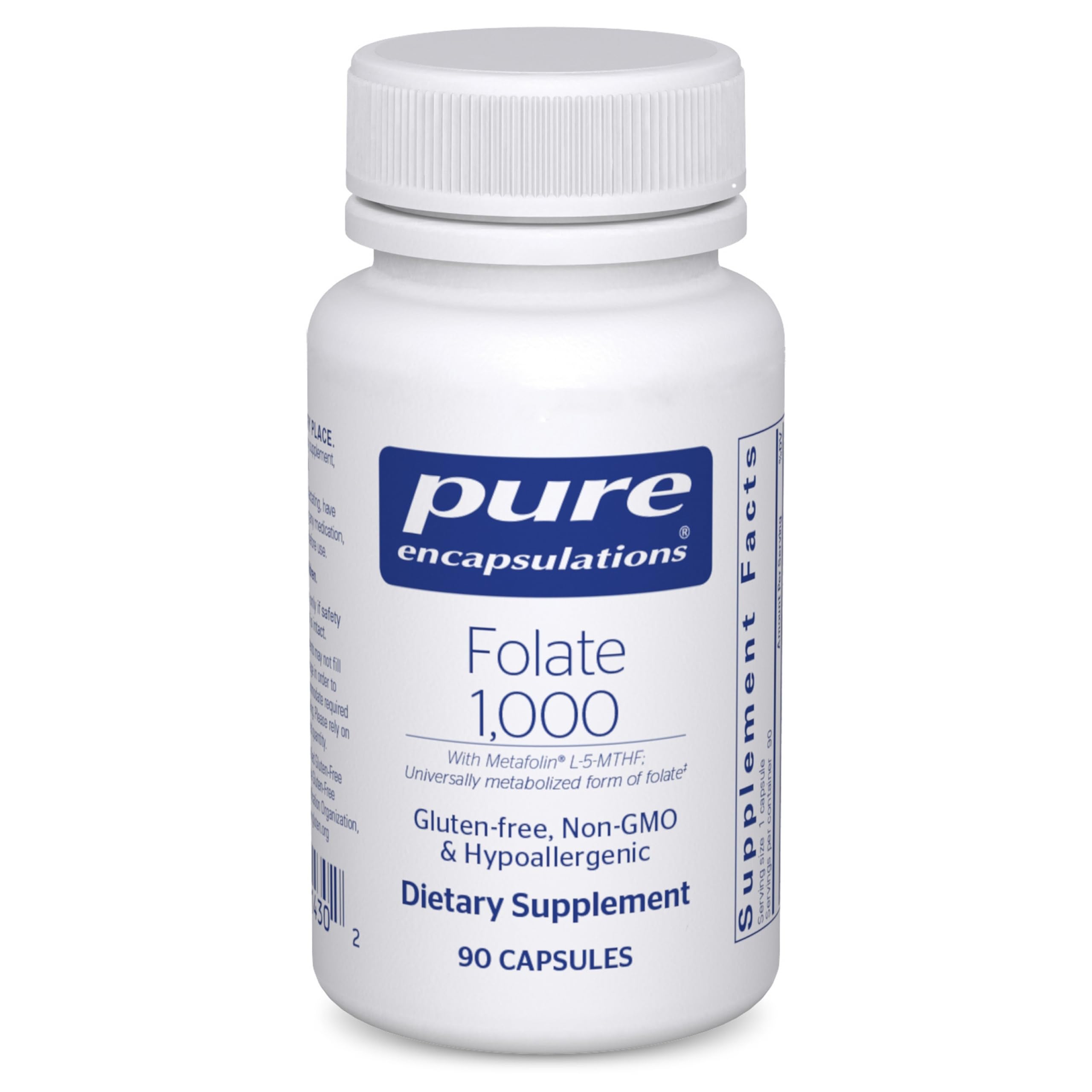 Pure Encapsulations frasco frontal mostrando Folate 1000 y claridad de etiqueta