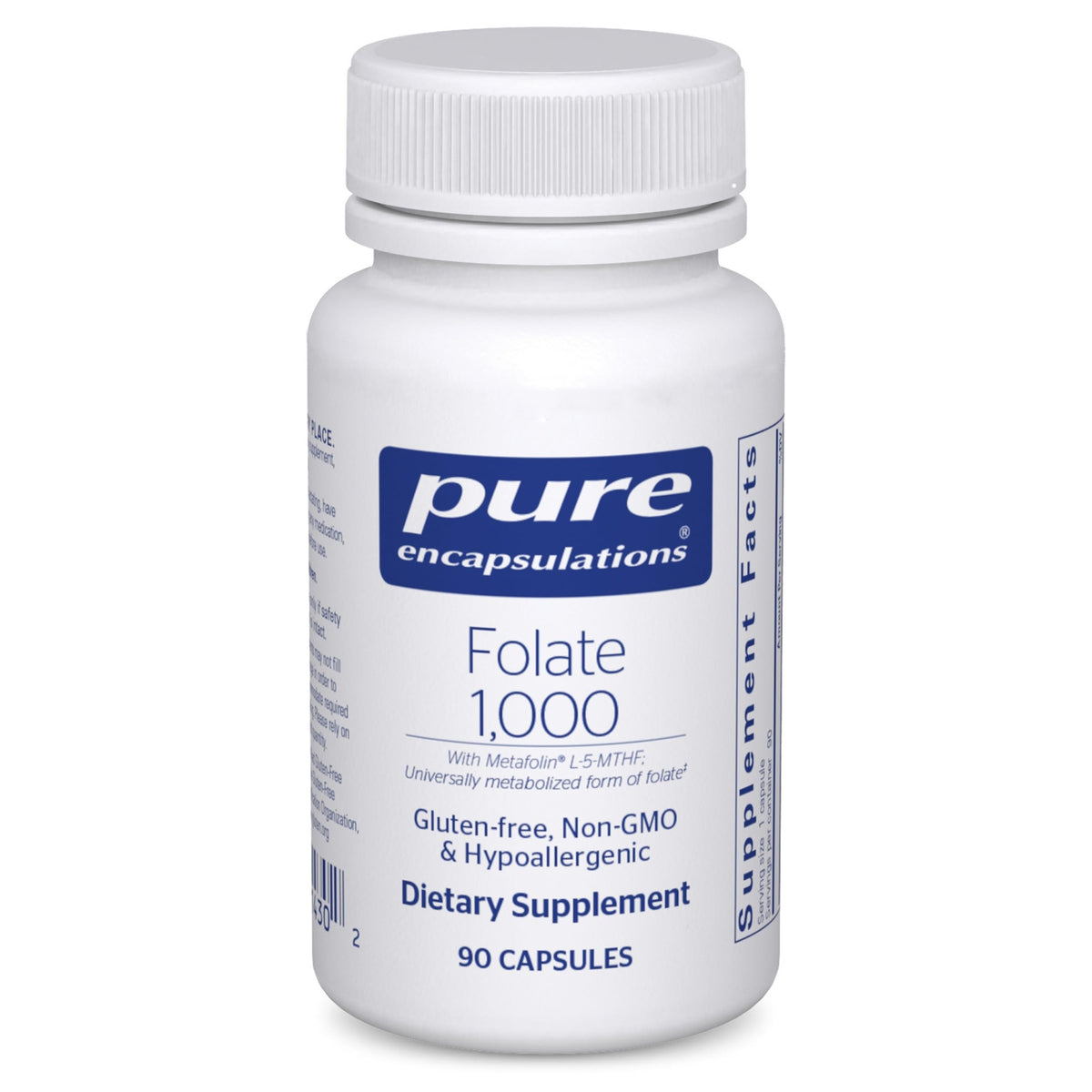 Pure Encapsulations frasco frontal mostrando Folate 1000 y claridad de etiqueta