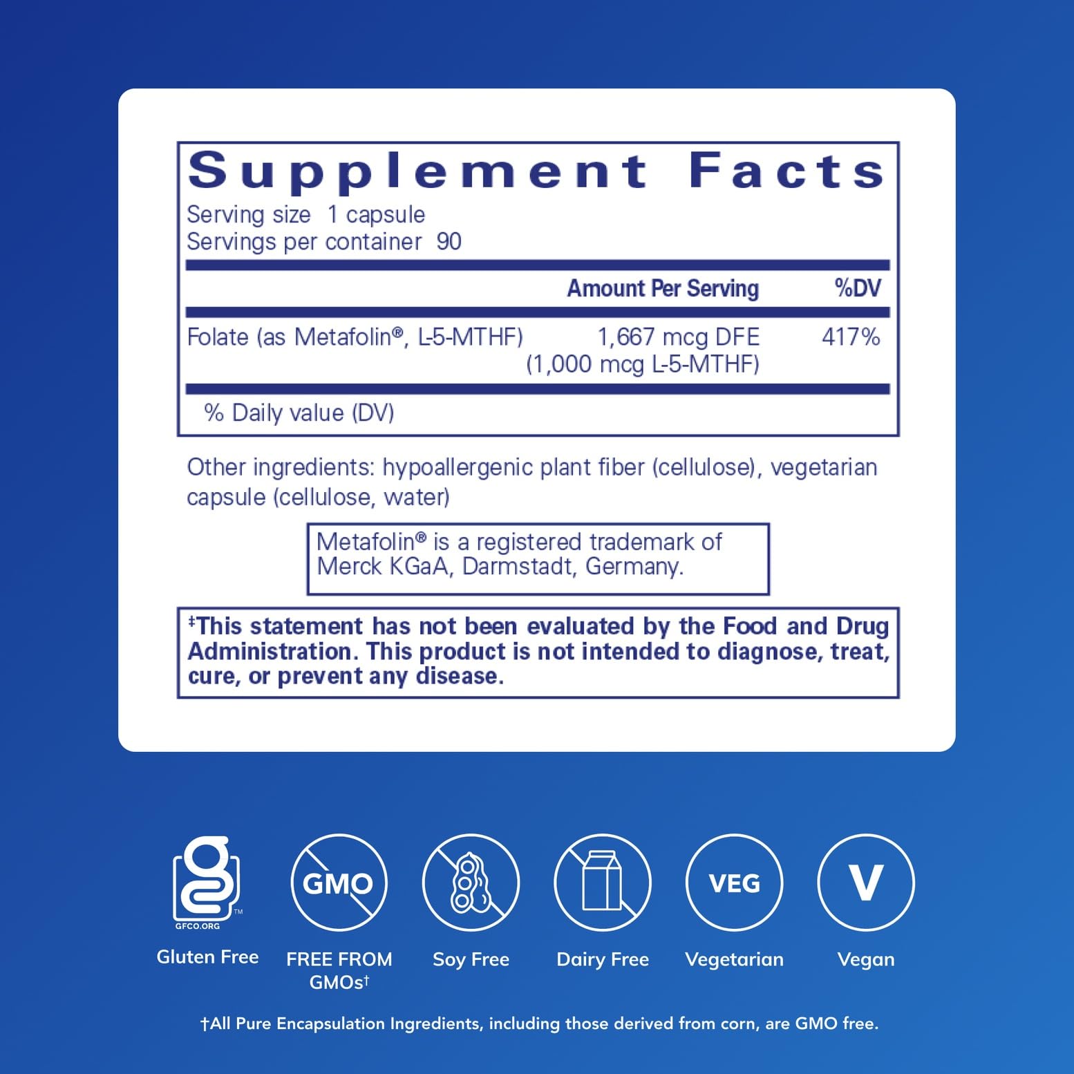 Pure Encapsulations etiqueta lateral con información de dosis y pureza