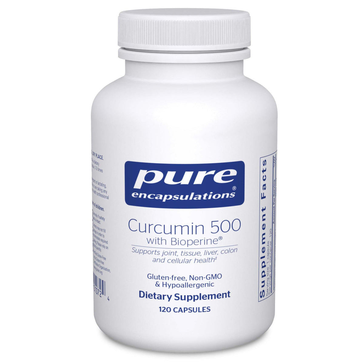Pure Encapsulations frasco Curcumin 500 mostrando tapa y diseño, beneficio claridad de fórmula