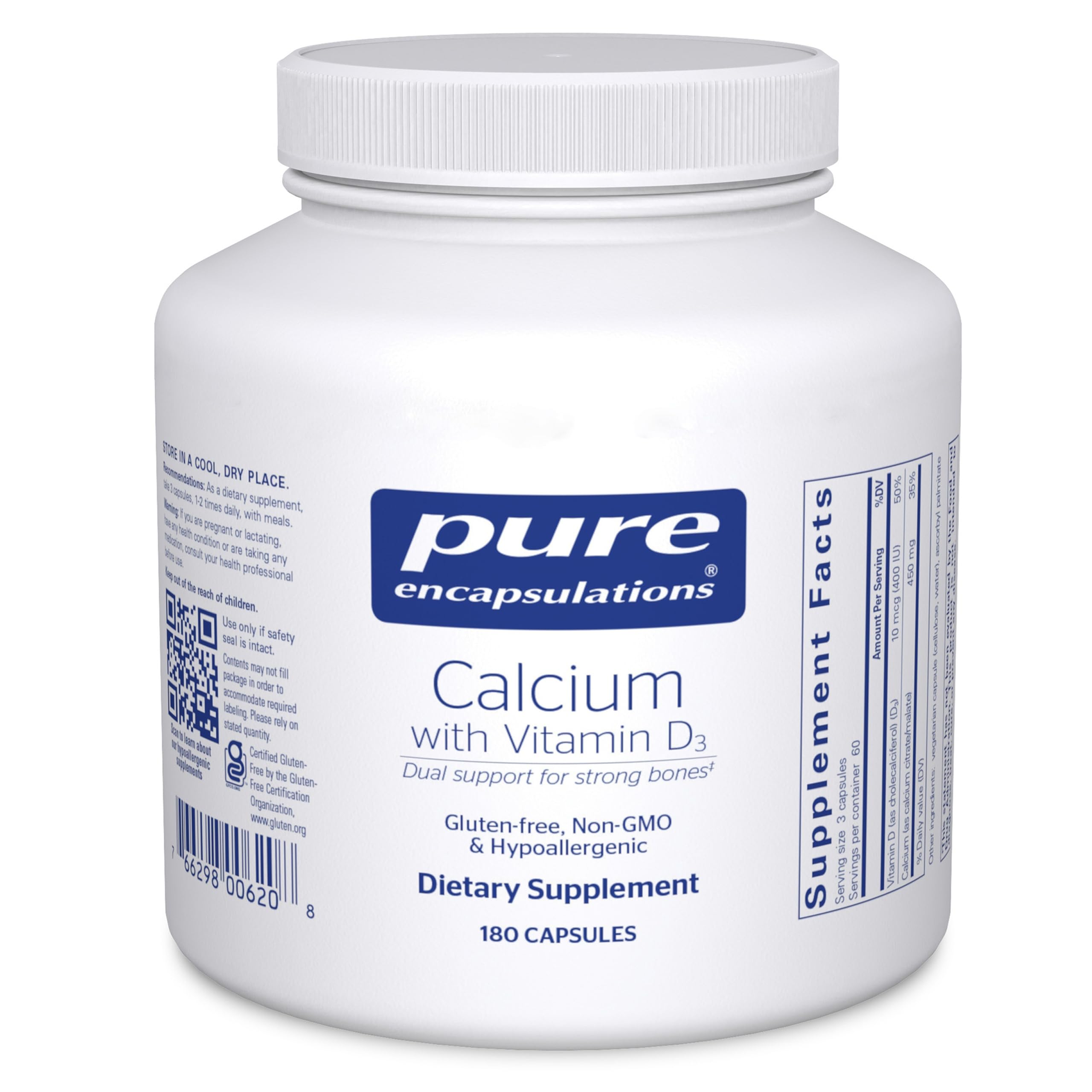Pure Encapsulations frasco delantero mostrando calcio y vitamina D3, confianza en calidad