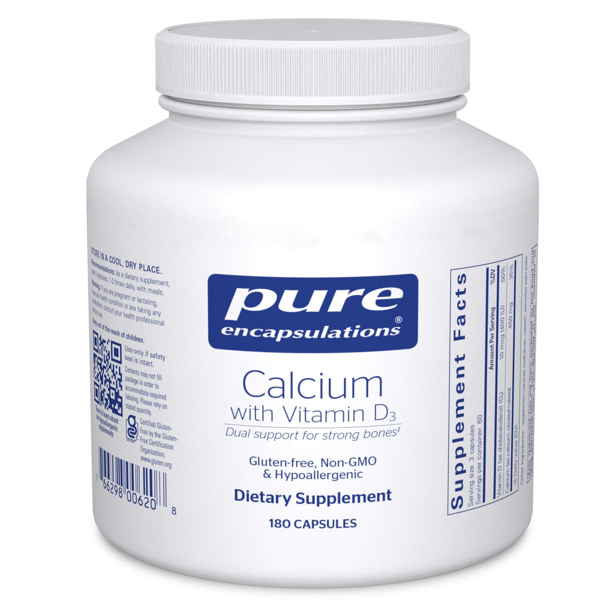 Pure Encapsulations frasco delantero mostrando calcio y vitamina D3, confianza en calidad