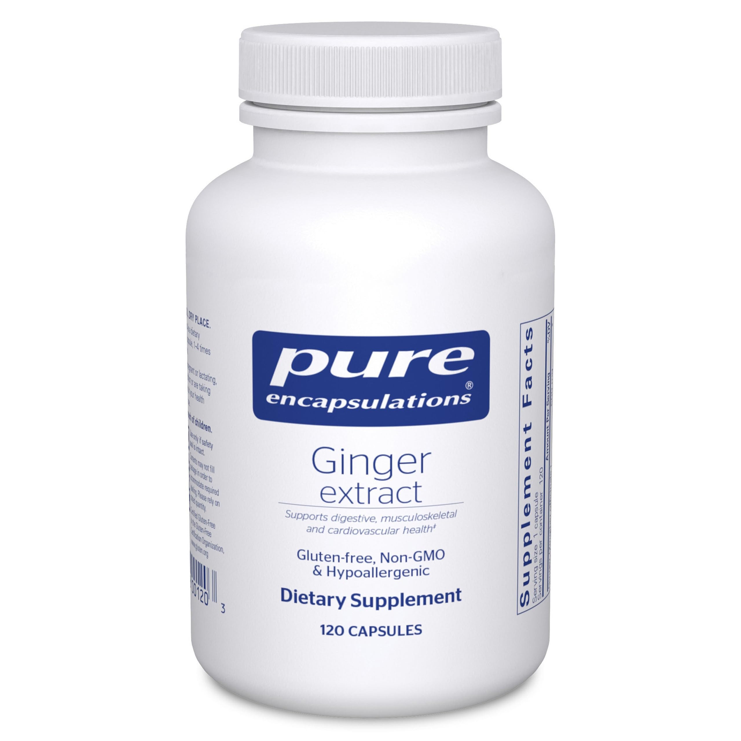 Pure Encapsulations frasco delantero mostrando 120 cápsulas y ventaja de pureza