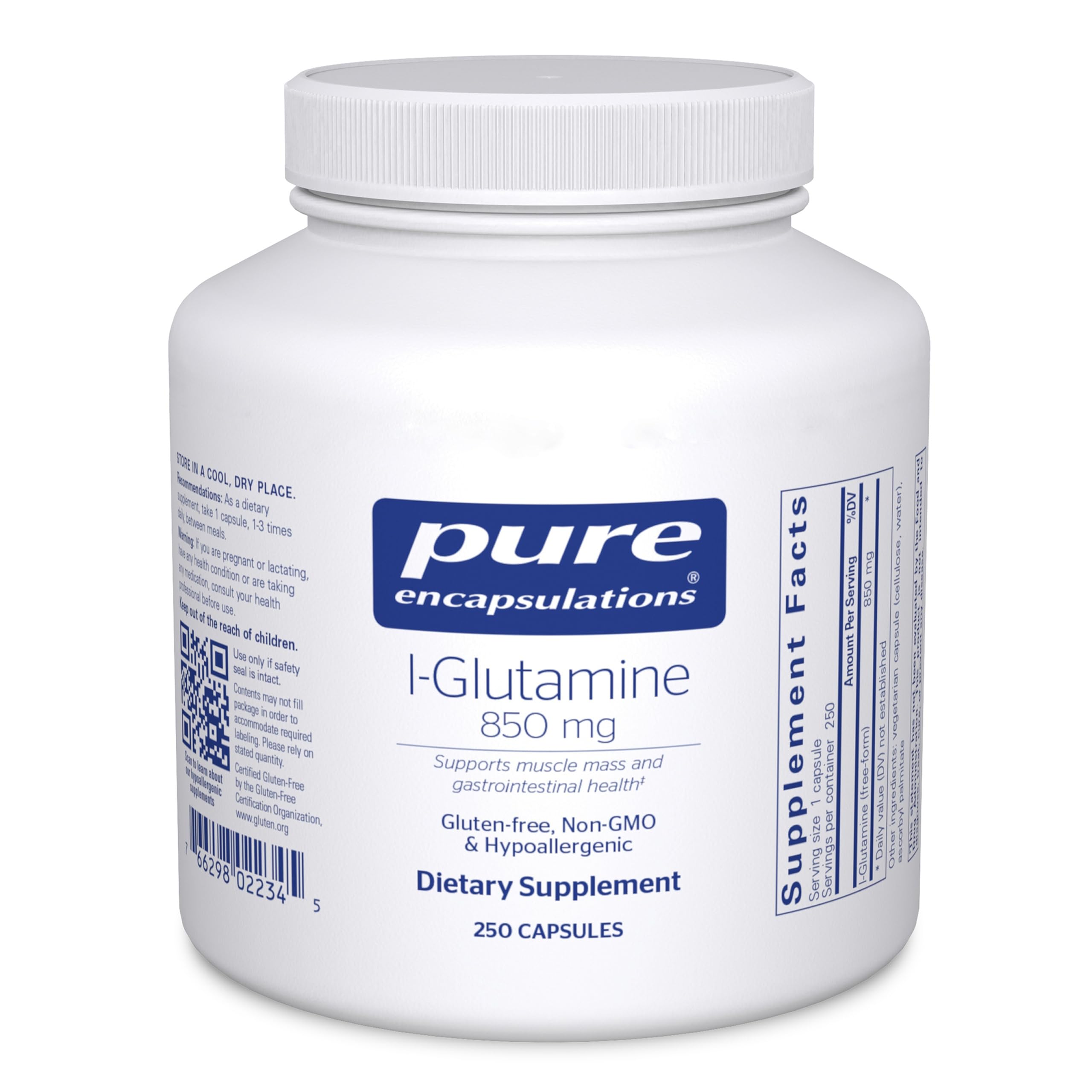 Pure Encapsulations frasco frente mostrando 250 cápsulas y beneficio de suministro prolongado