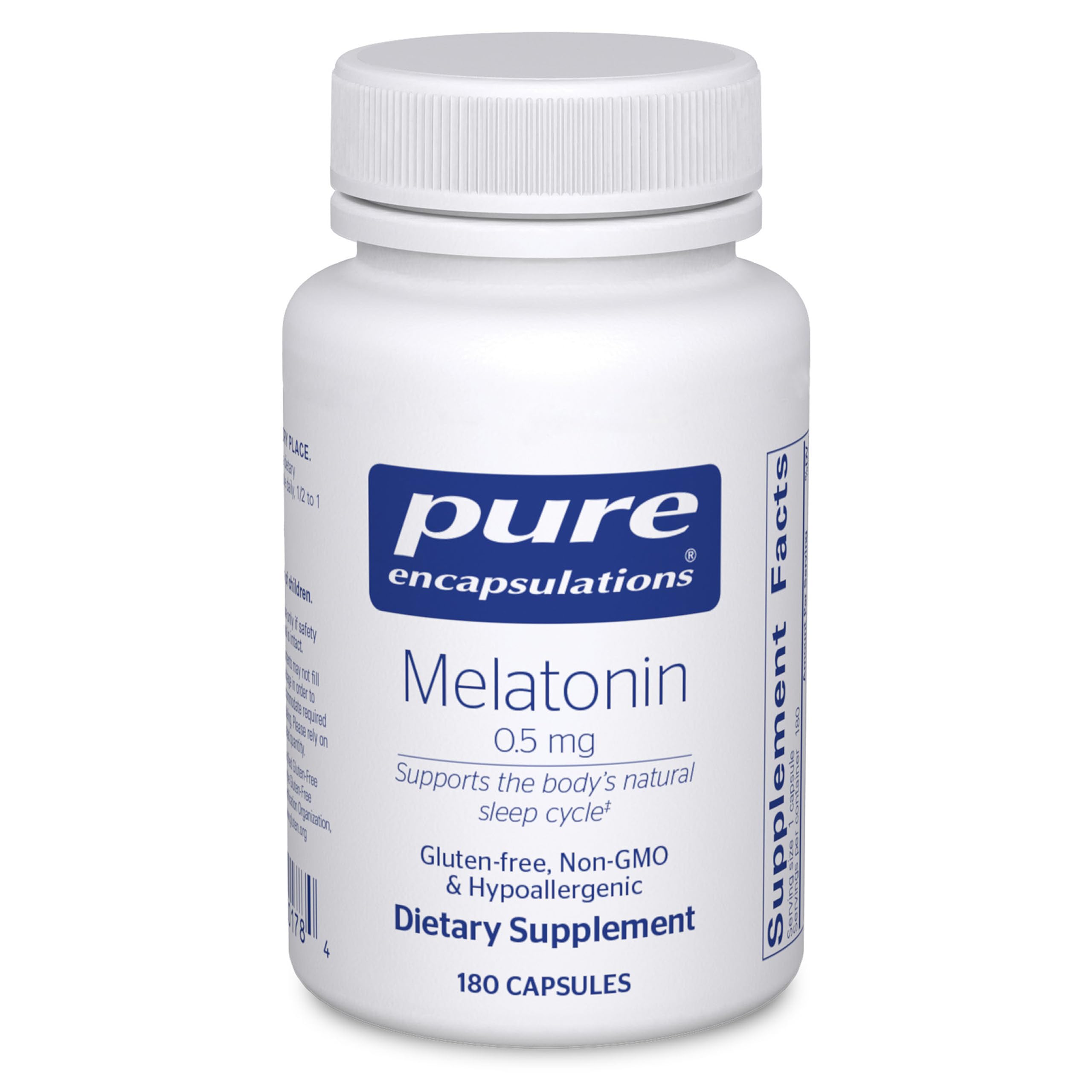 Pure Encapsulations frasco frontal de melatonina 0,5 mg mostrando etiqueta y beneficio de pureza