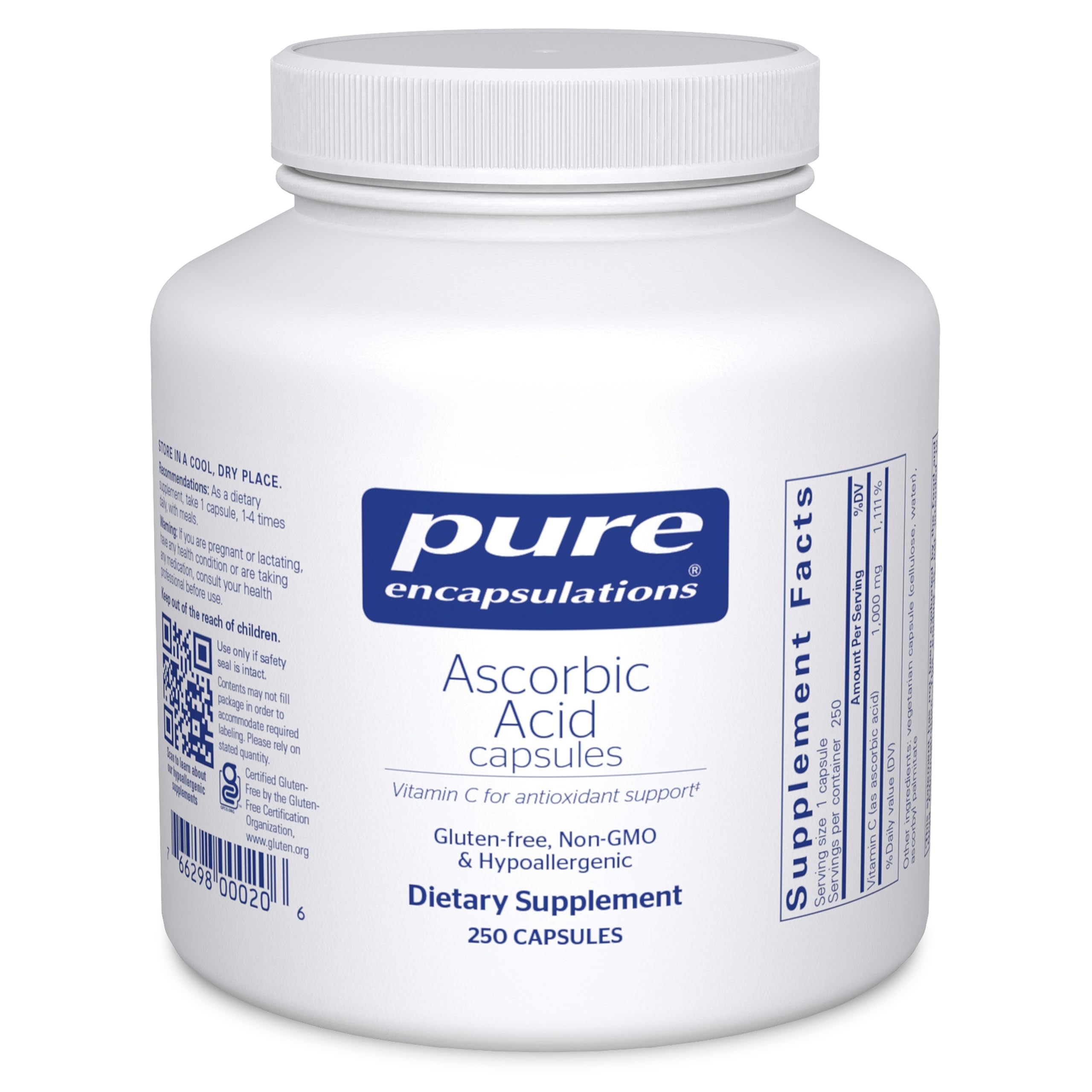 Pure Encapsulations frasco frontal mostrando etiqueta y beneficio de pureza