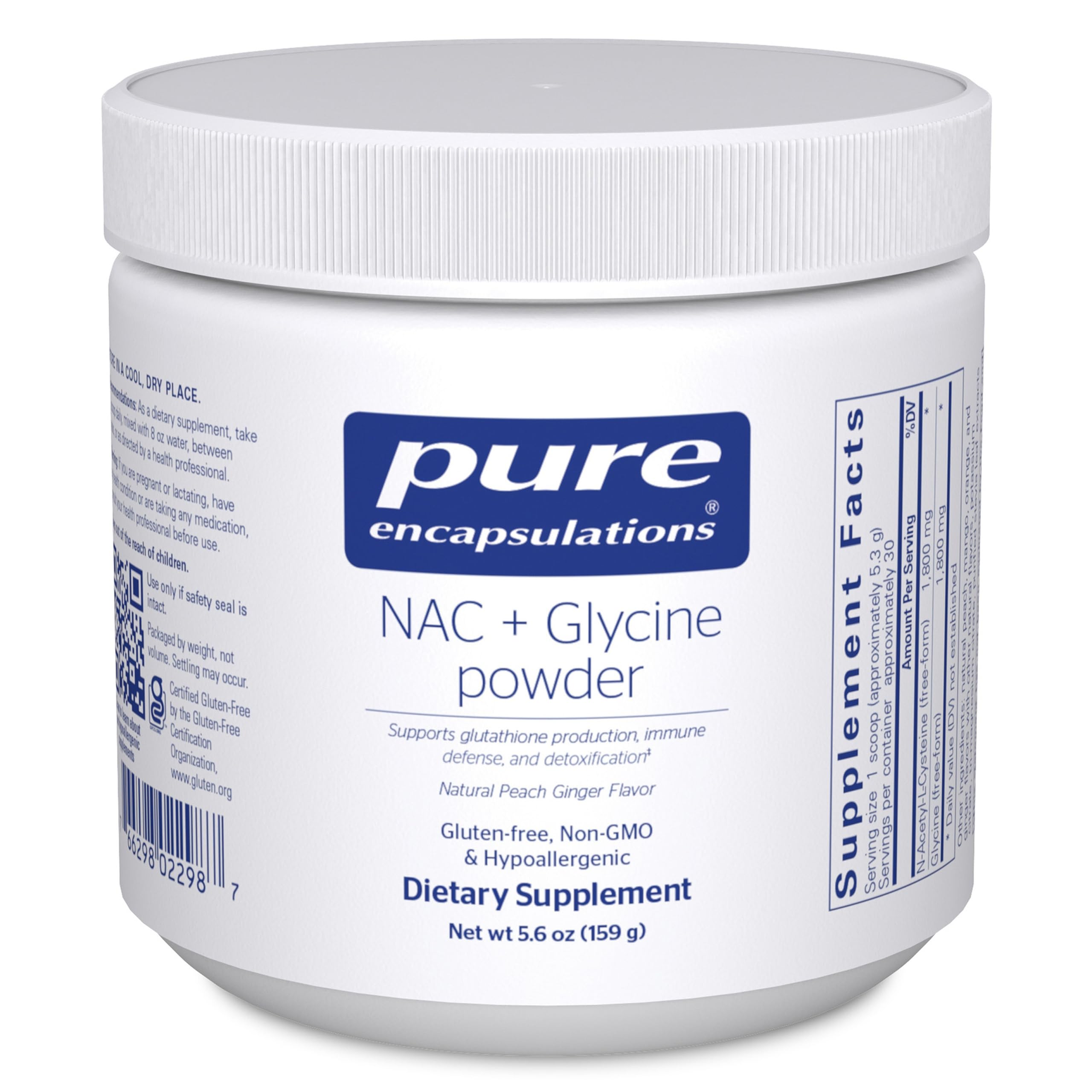 Pure Encapsulations frasco frontal mostrando la presentación y el sabor durazno jengibre