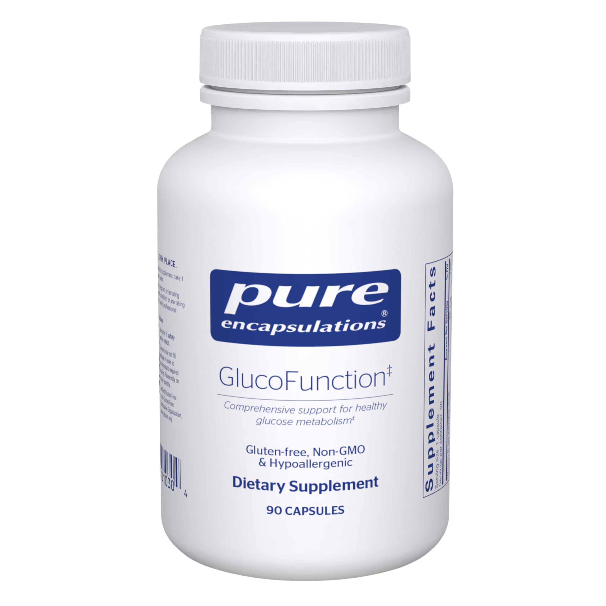 Pure Encapsulations frasco frontal mostrando etiqueta clara y beneficio de apoyo metabólico