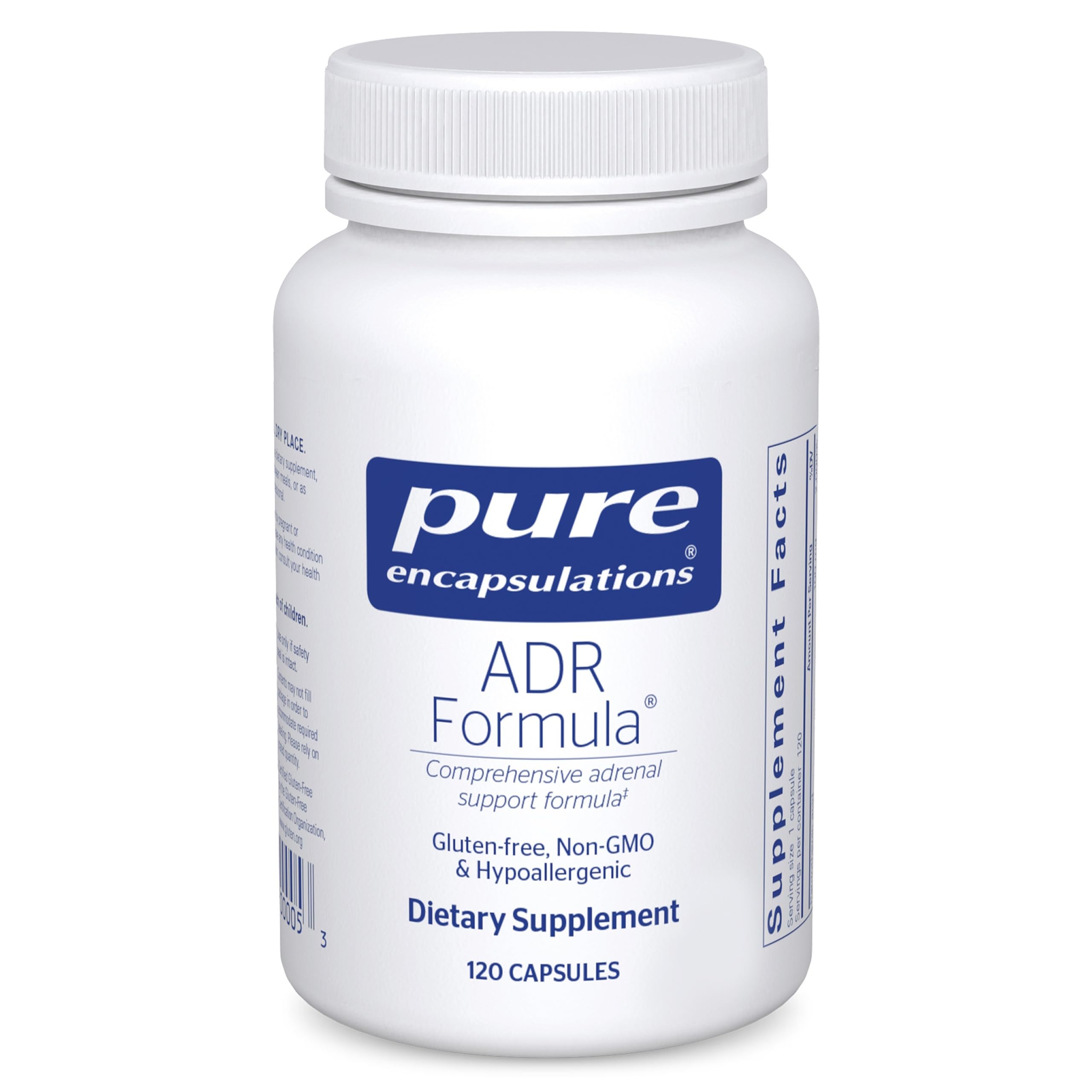 Pure Encapsulations frasco frontal mostrando 120 cápsulas y diseño limpio de etiqueta para confianza