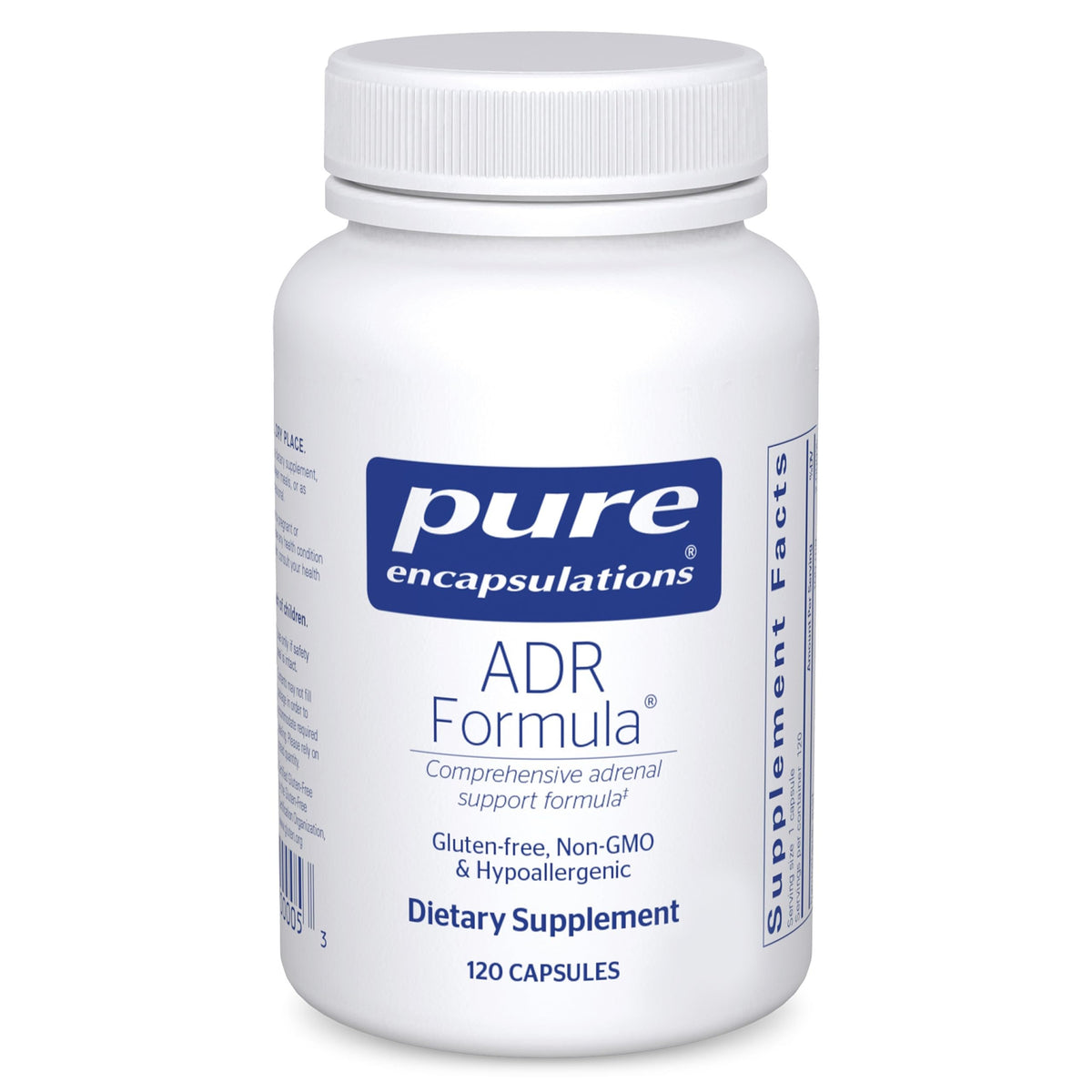 Pure Encapsulations frasco frontal mostrando 120 cápsulas y diseño limpio de etiqueta para confianza
