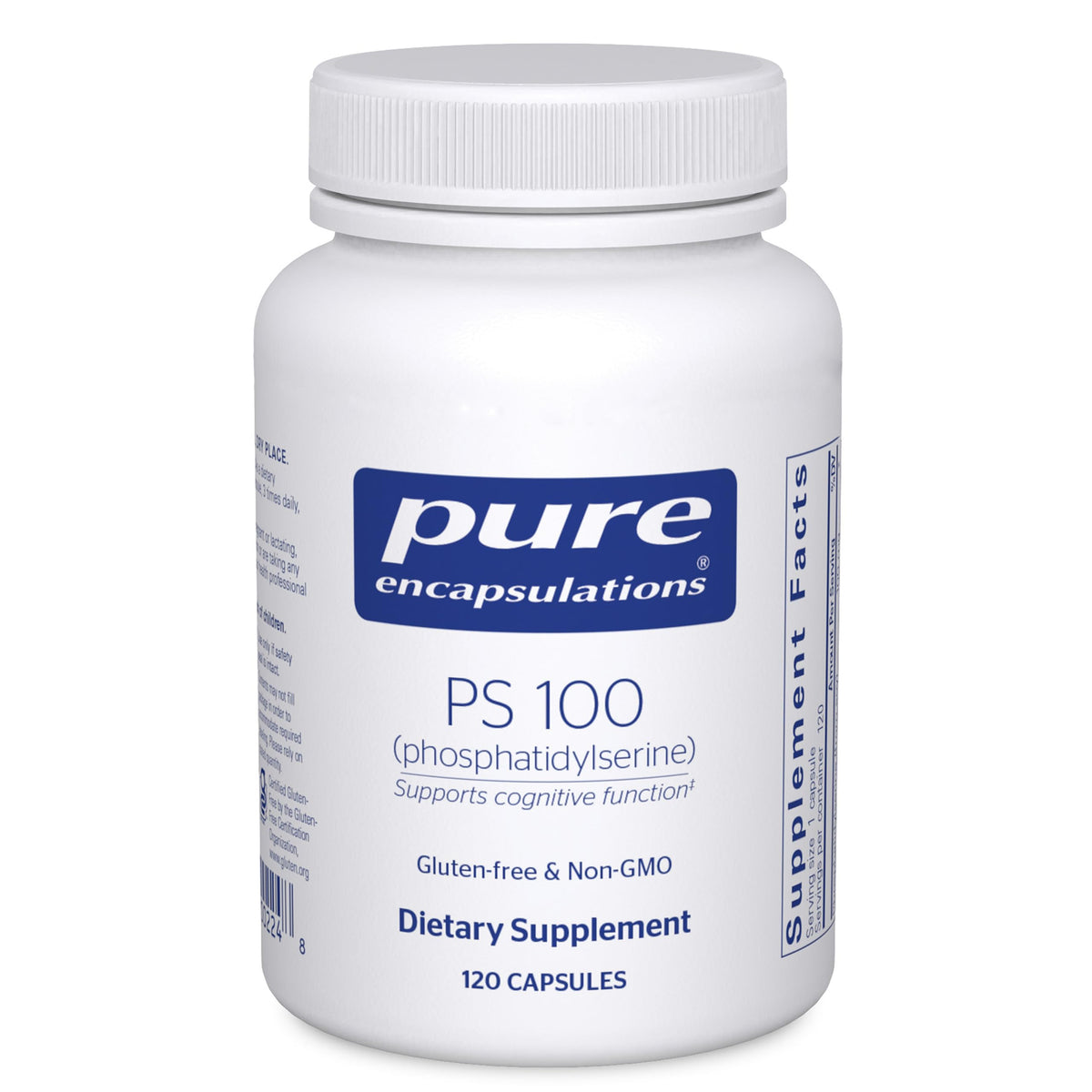 Pure Encapsulations frasco PS 100 frontal mostrando etiquetas claras y beneficios