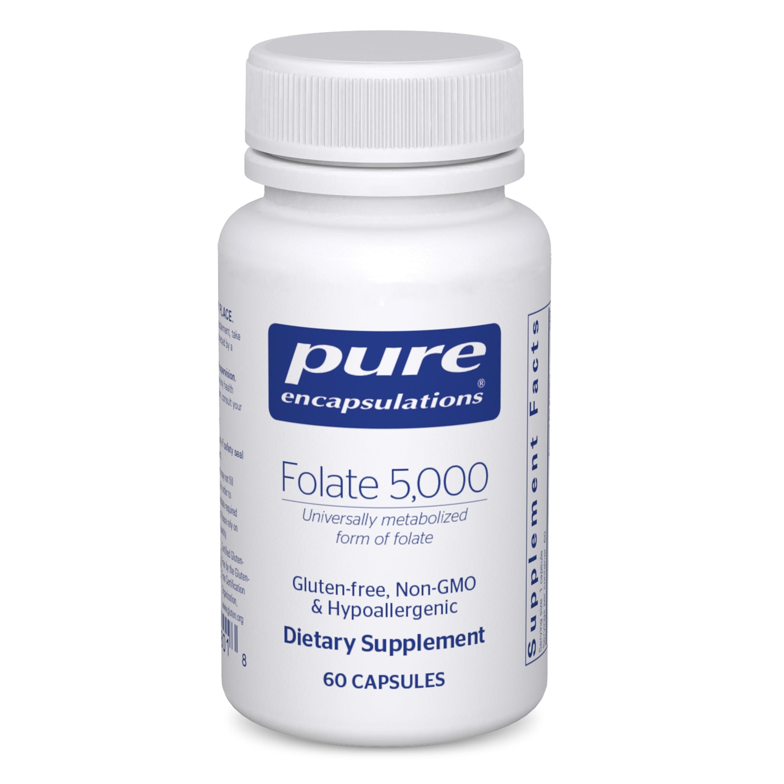 Pure Encapsulations frente del envase de Folate 5,000 mostrando presentación clara y beneficios