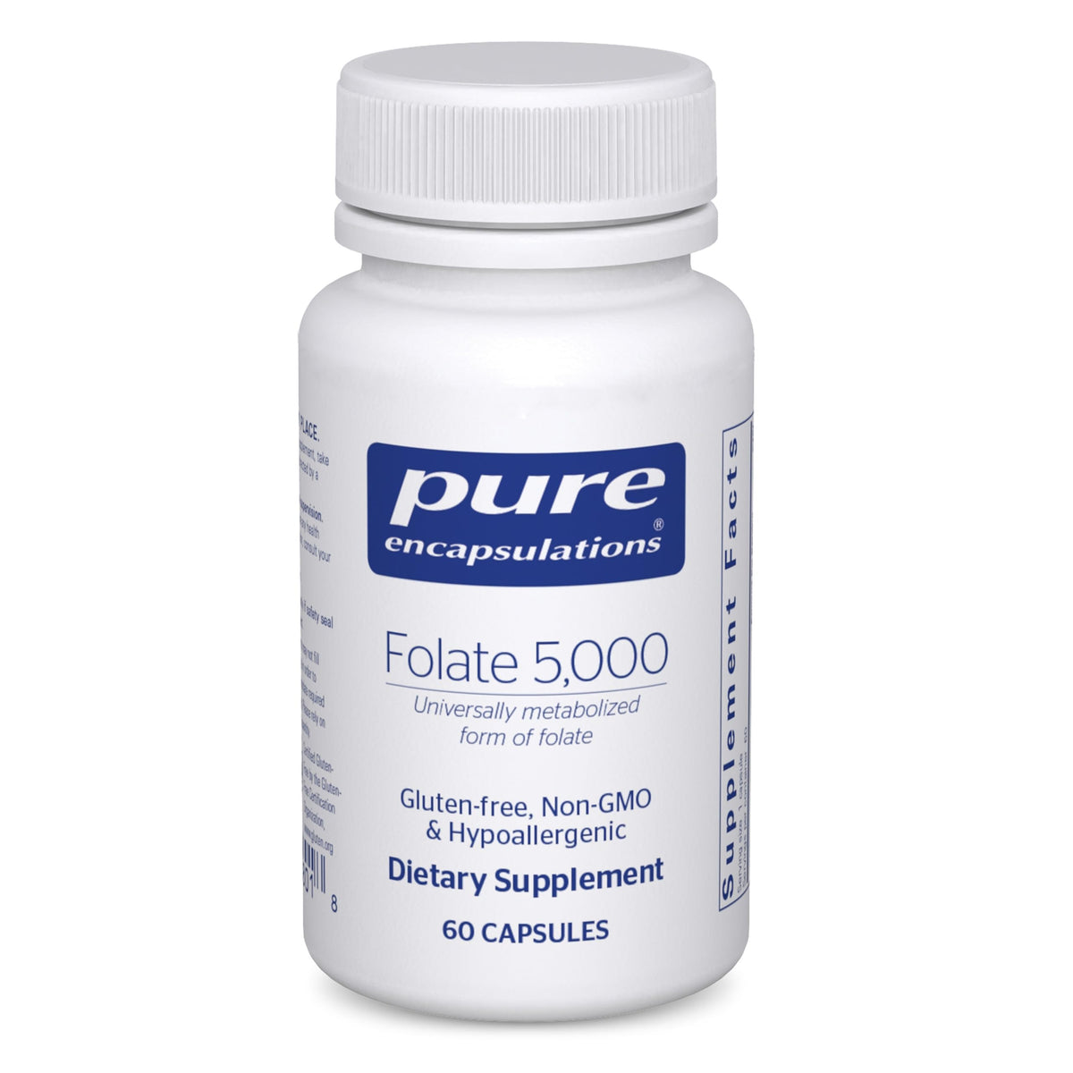 Pure Encapsulations frente del envase de Folate 5,000 mostrando presentación clara y beneficios