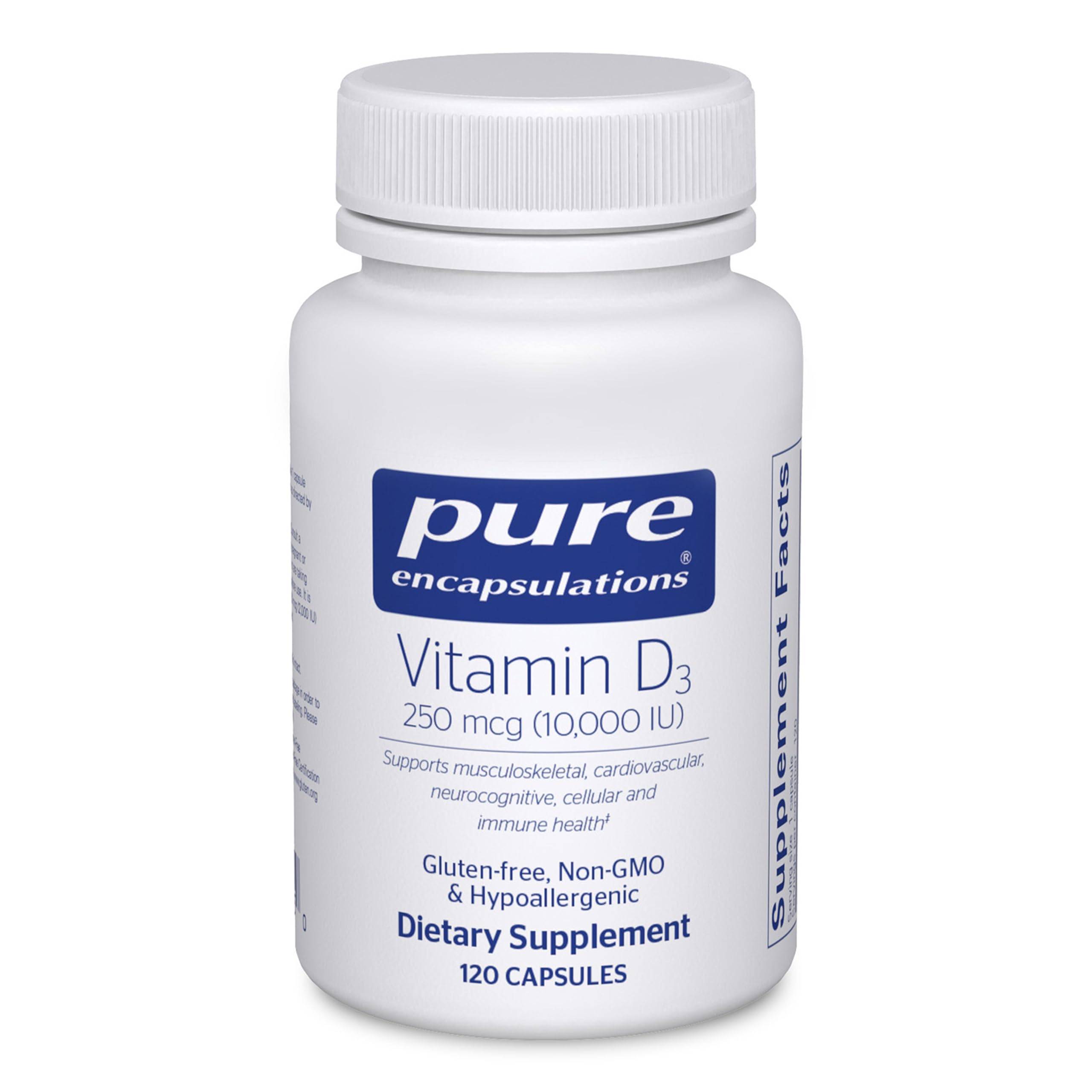Pure Encapsulations envase frontal claro que muestra dosis y cápsulas beneficios visibles
