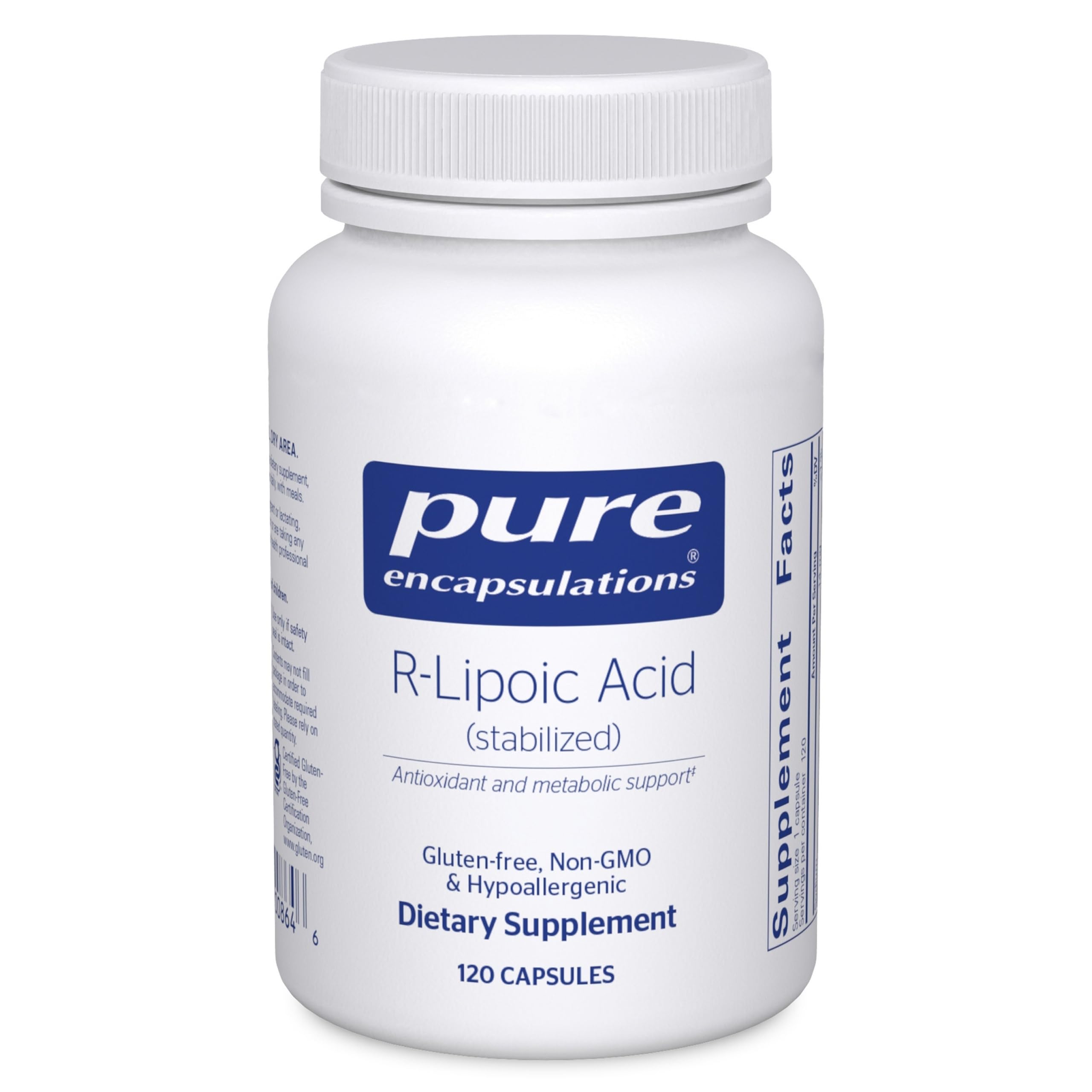 Pure Encapsulations envase frontal mostrando pureza y fácil identificación del suplemento