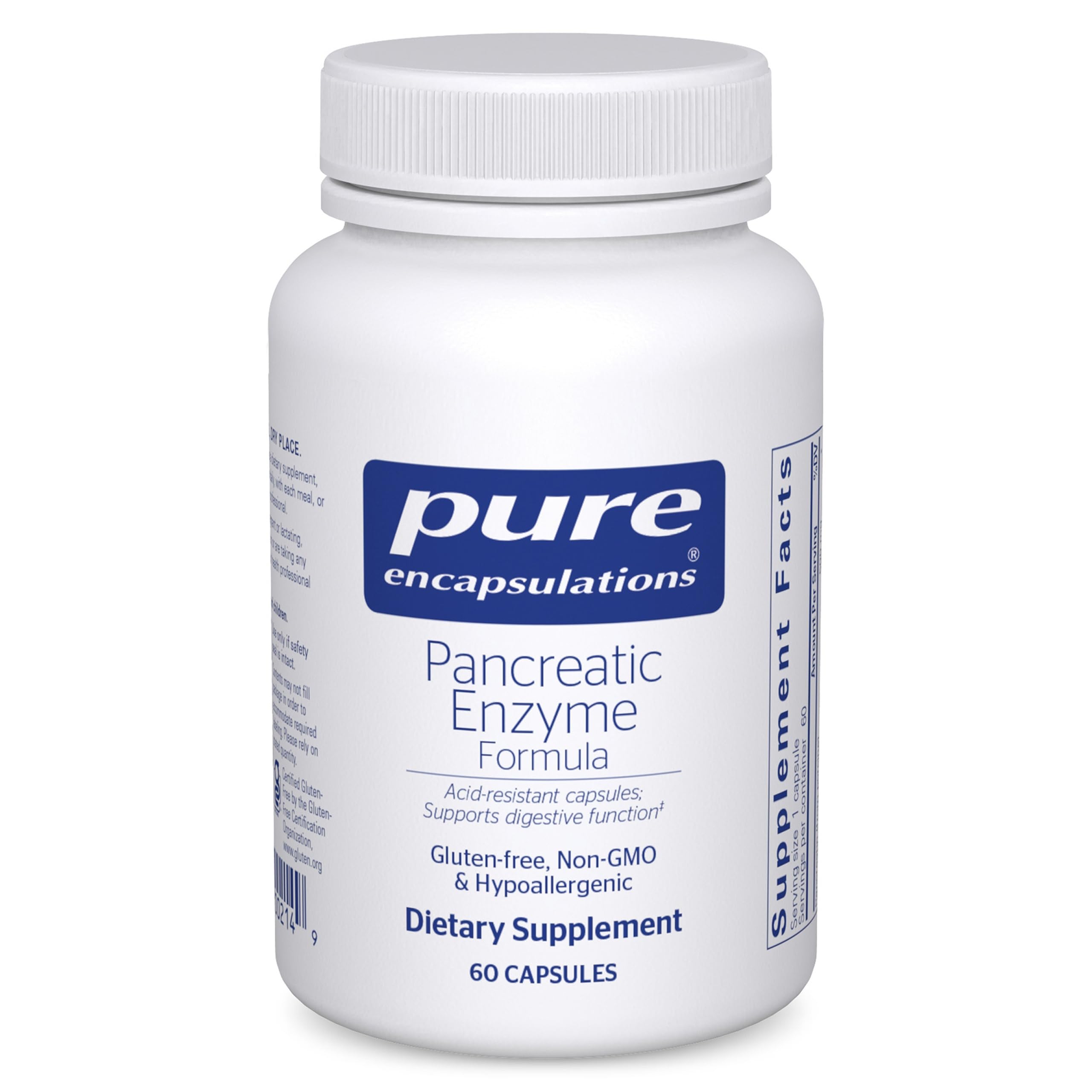 Pure Encapsulations envase frontal que muestra la fórmula pancreática y beneficios