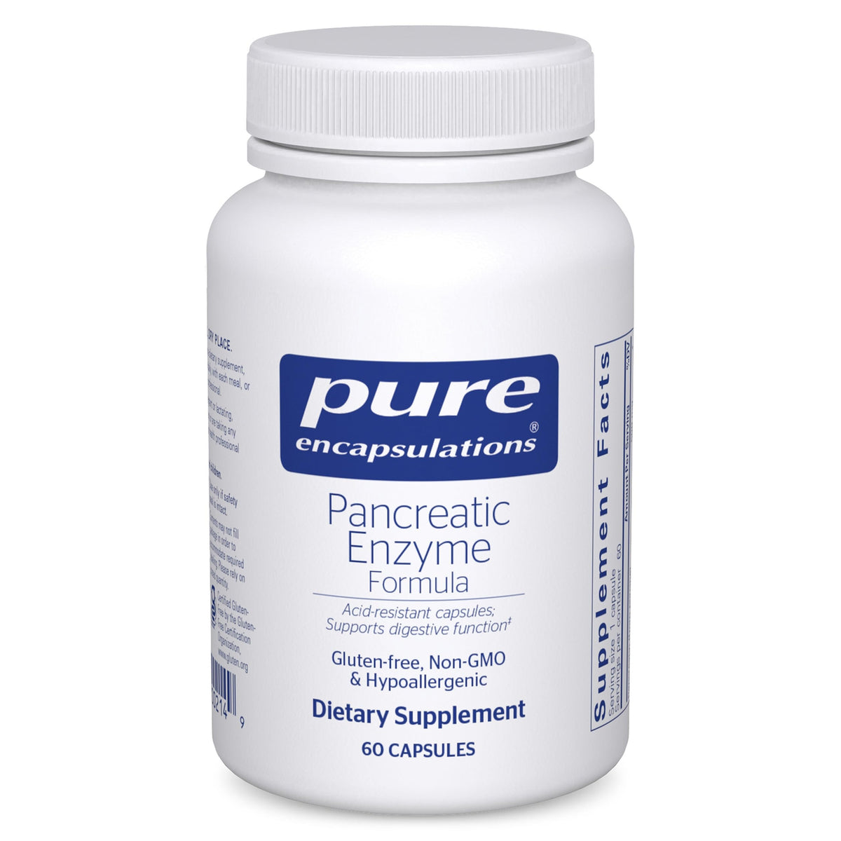 Pure Encapsulations envase frontal que muestra la fórmula pancreática y beneficios