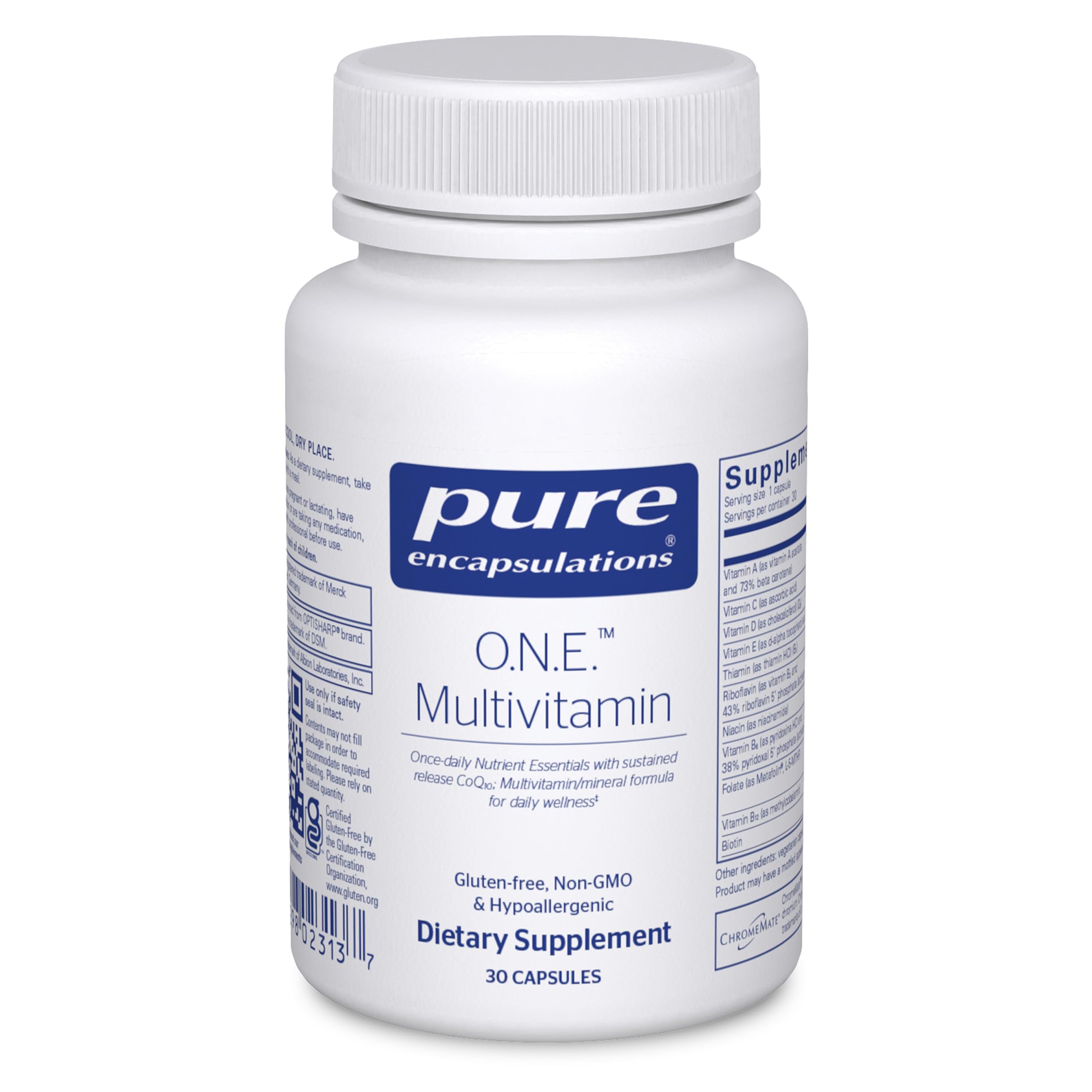 Pure Encapsulations envase frontal mostrando multivitamínico diario y beneficios
