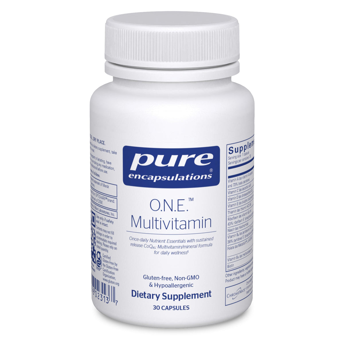 Pure Encapsulations envase frontal mostrando multivitamínico diario y beneficios
