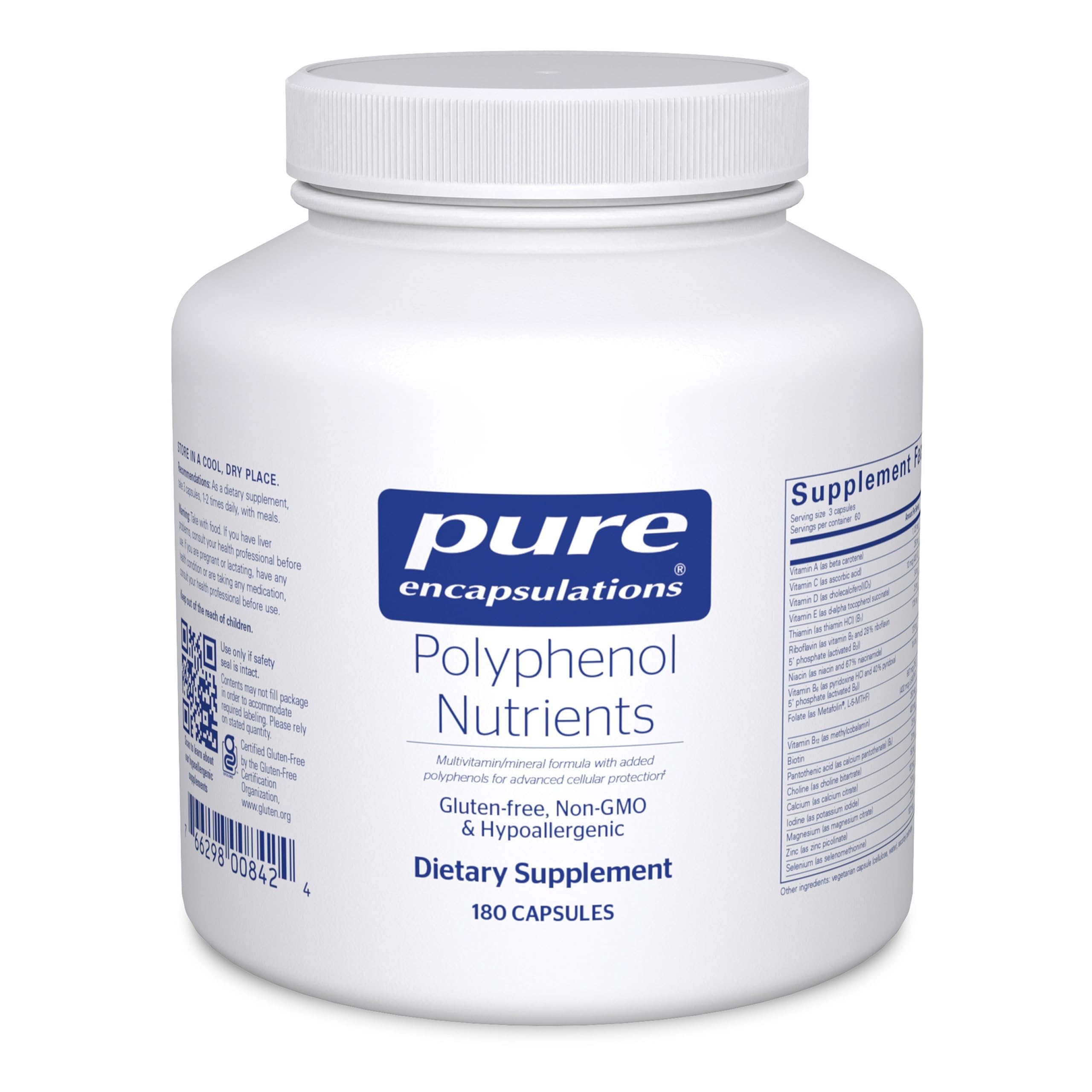 Pure Encapsulations frente del envase mostrando diseño y cantidad 180 cápsulas, confianza