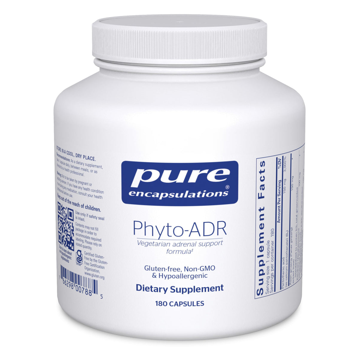 Pure Encapsulations envase frontal mostrando 180 cápsulas y beneficios de pureza