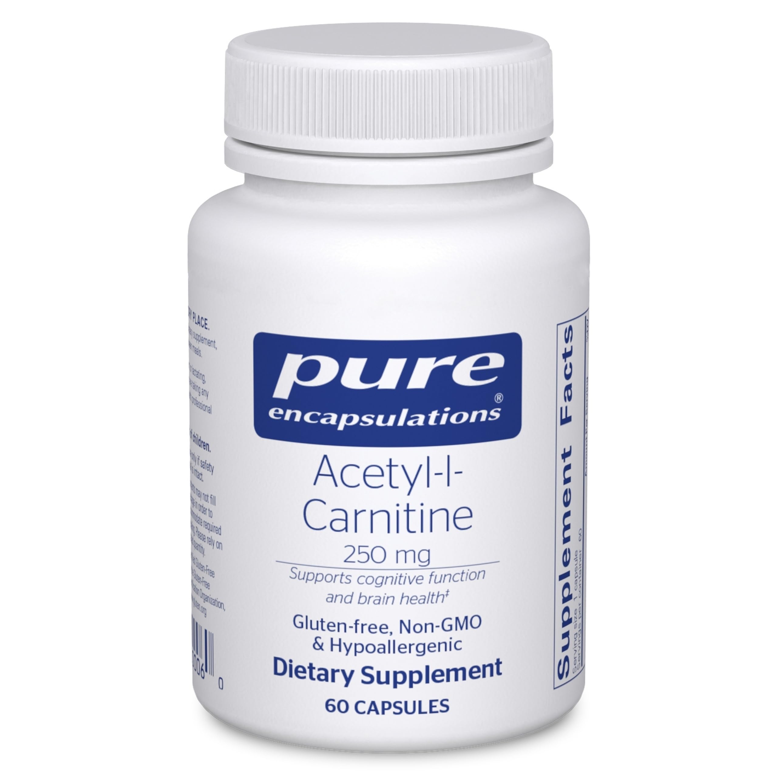 Pure Encapsulations vista frontal del envase mostrando 60 cápsulas y beneficio de calidad
