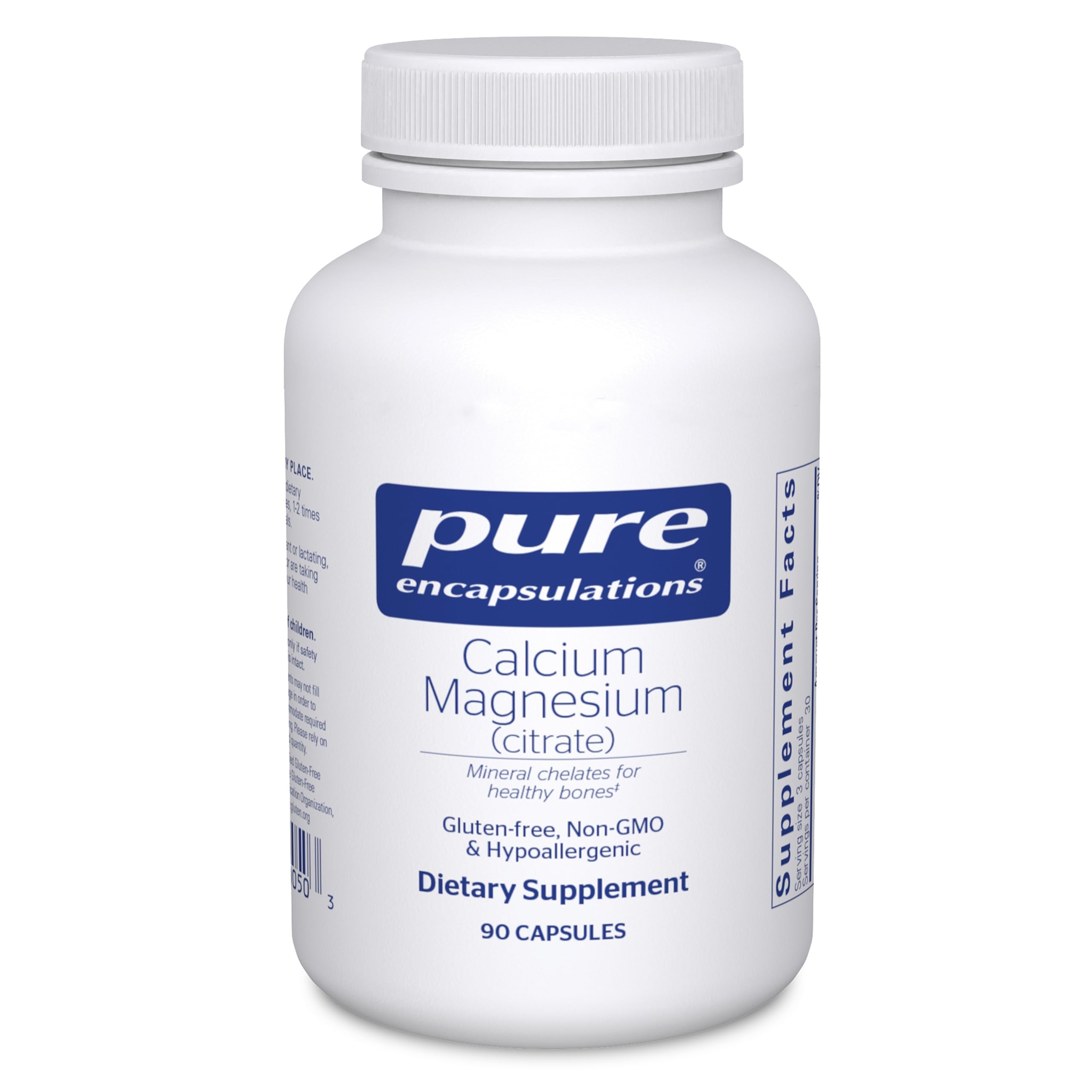Pure Encapsulations envase frontal mostrando calcio y magnesio, confianza en pureza