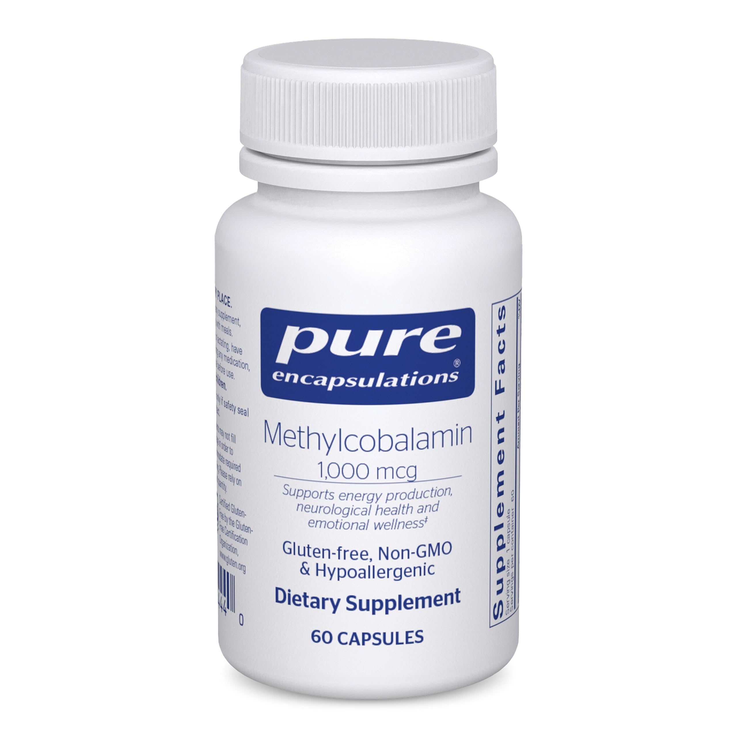 Pure Encapsulations envase frontal de Methylcobalamin 1000 mcg, presentación clara y limpia