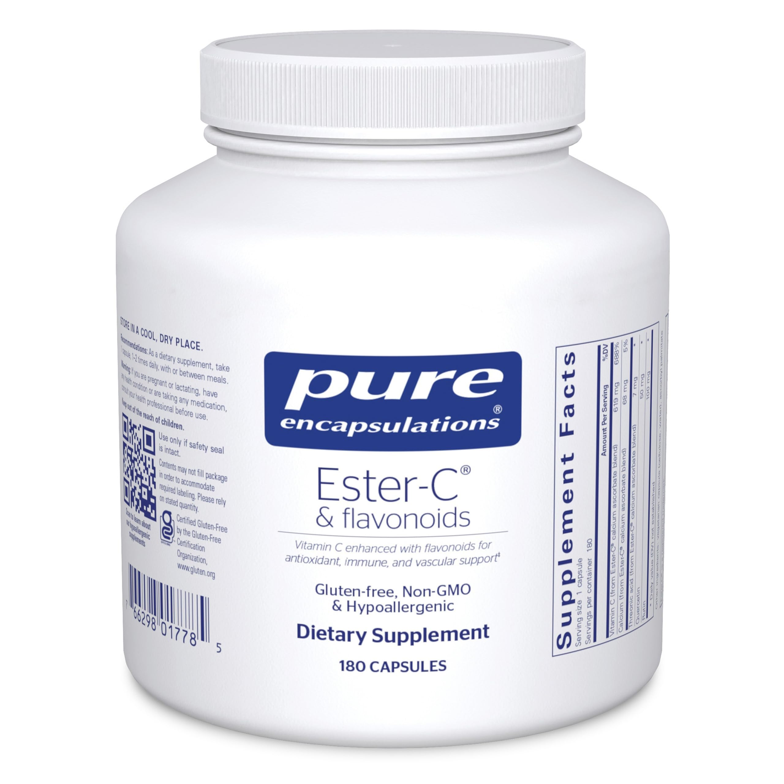 Pure Encapsulations envase frontal mostrando 180 cápsulas y beneficios