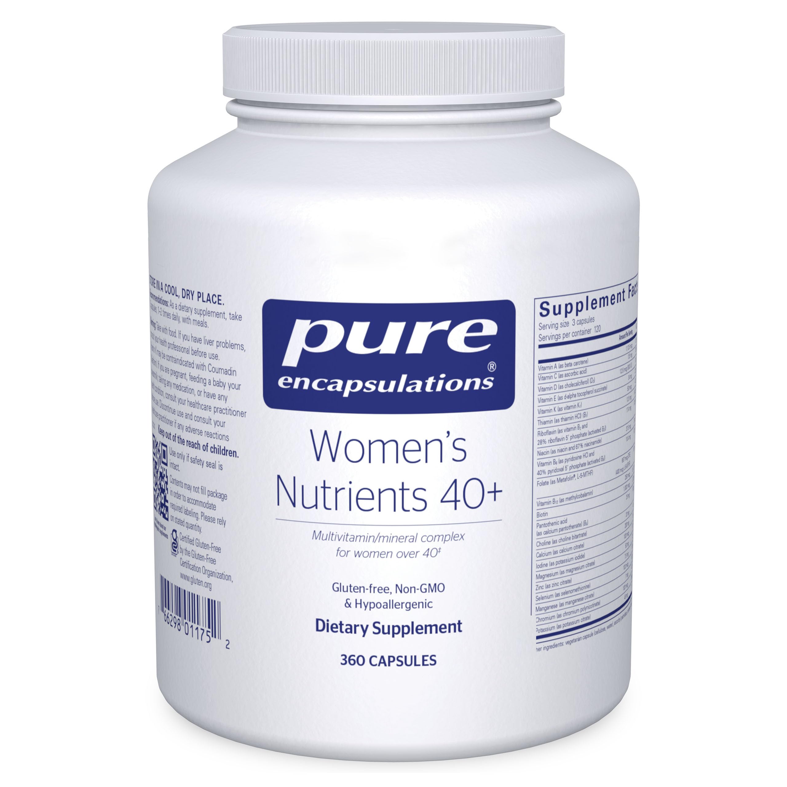 Pure Encapsulations frontal del envase mostrando la etiqueta y beneficio de soporte multivitamínico