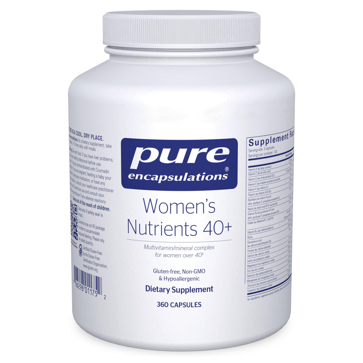 Pure Encapsulations frontal del envase mostrando la etiqueta y beneficio de soporte multivitamínico