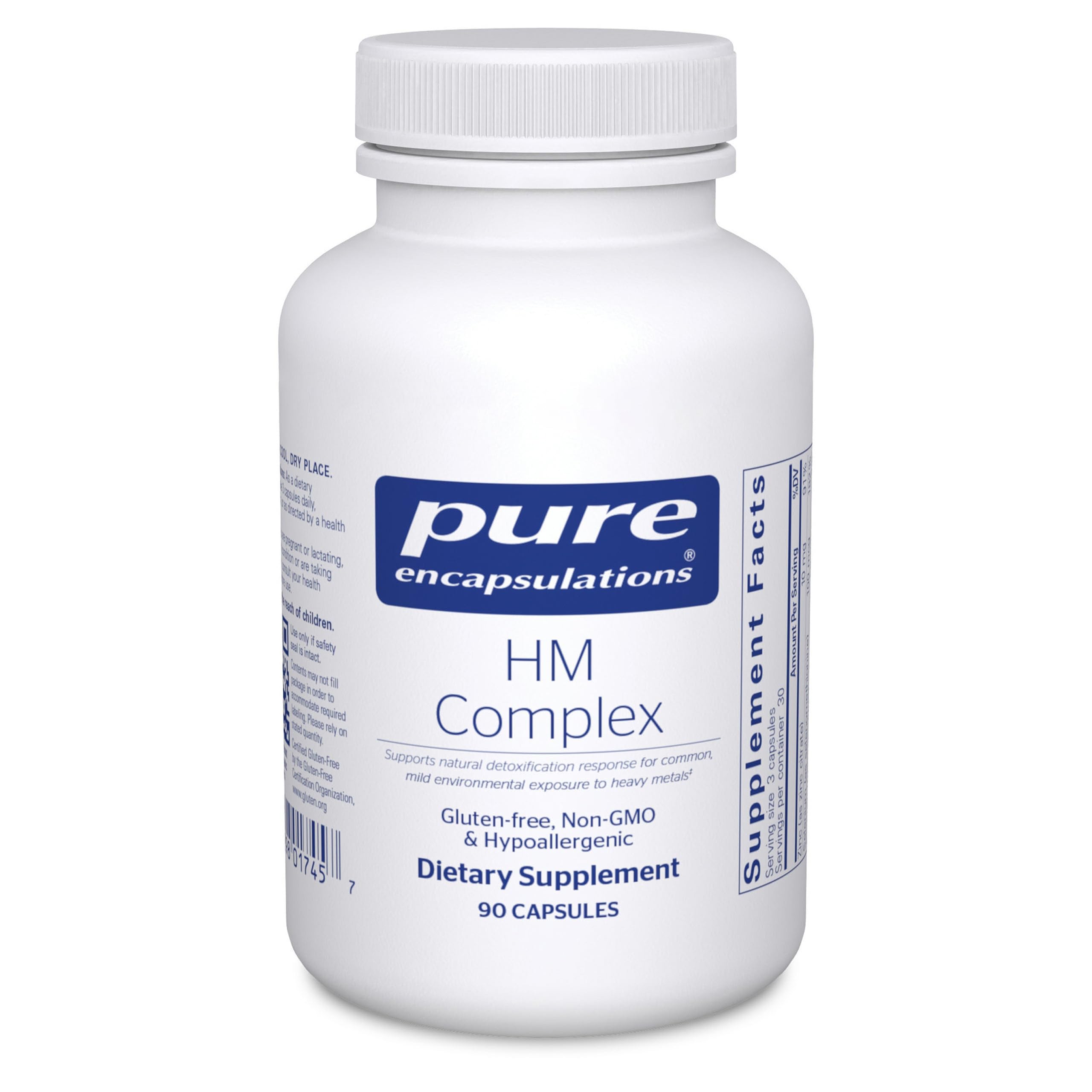 Pure Encapsulations frasco frontal mostrando fórmula y beneficio de detoxificación