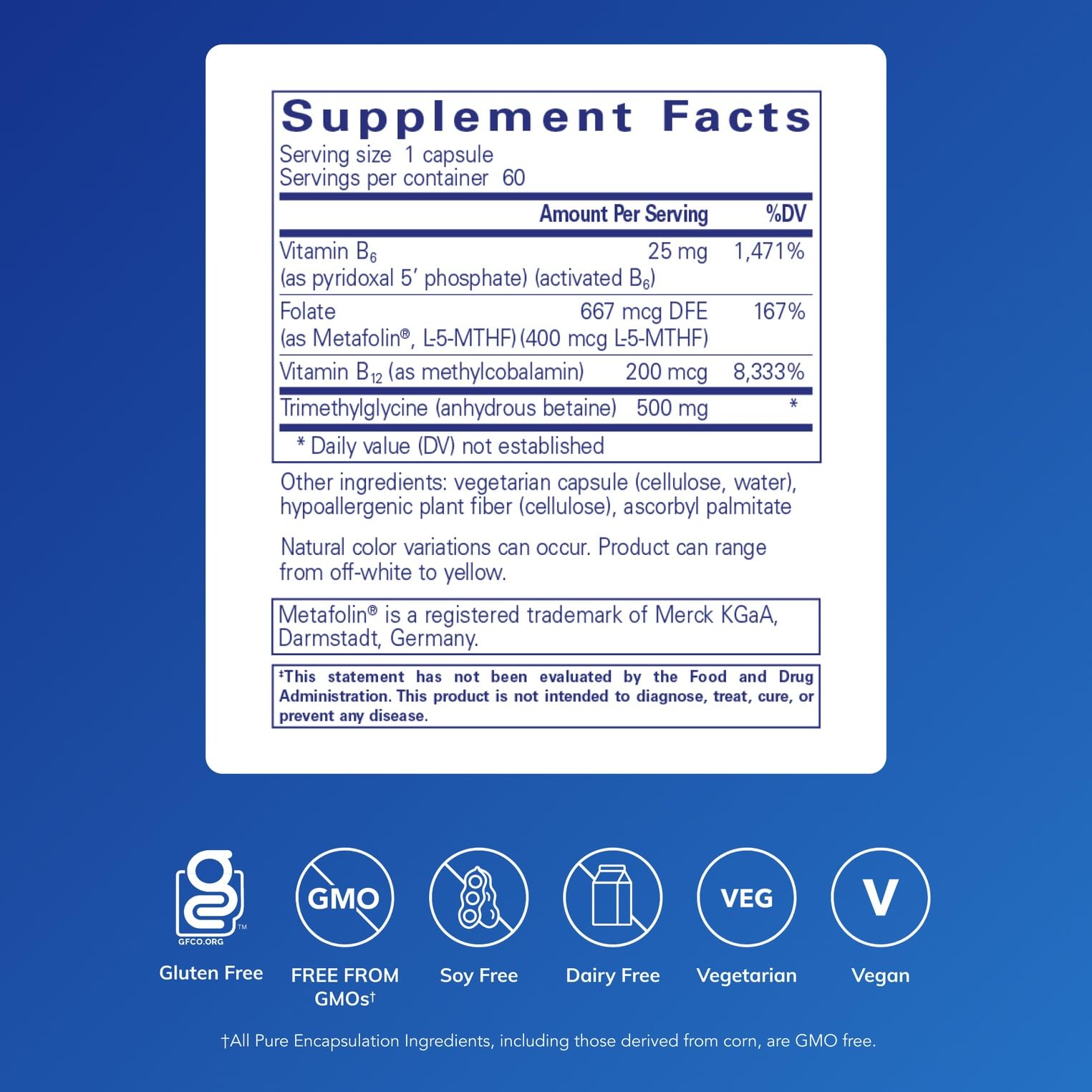 Pure Encapsulations etiqueta con información de ingredientes y pureza destacada