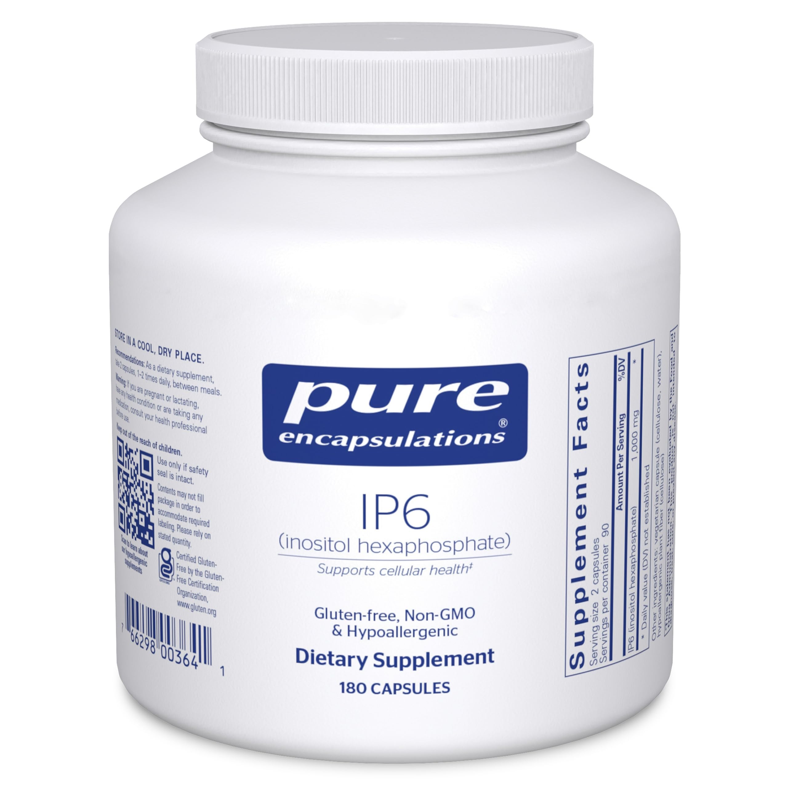 Pure Encapsulations bote frontal mostrando diseño y 180 cápsulas, calidad pura