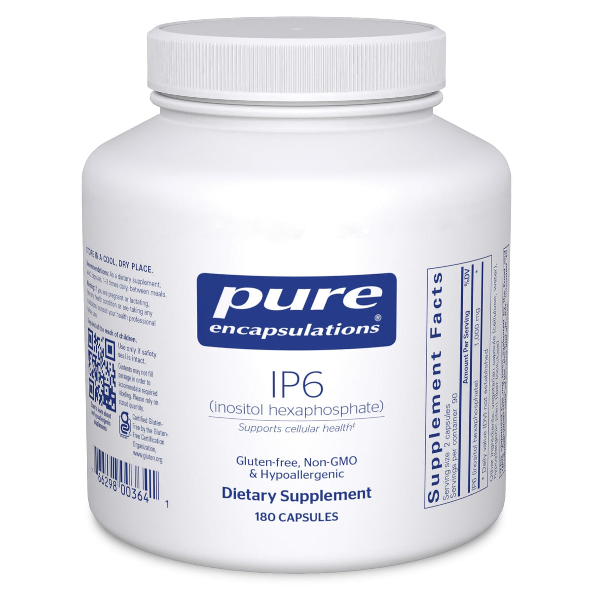 Pure Encapsulations bote frontal mostrando diseño y 180 cápsulas, calidad pura