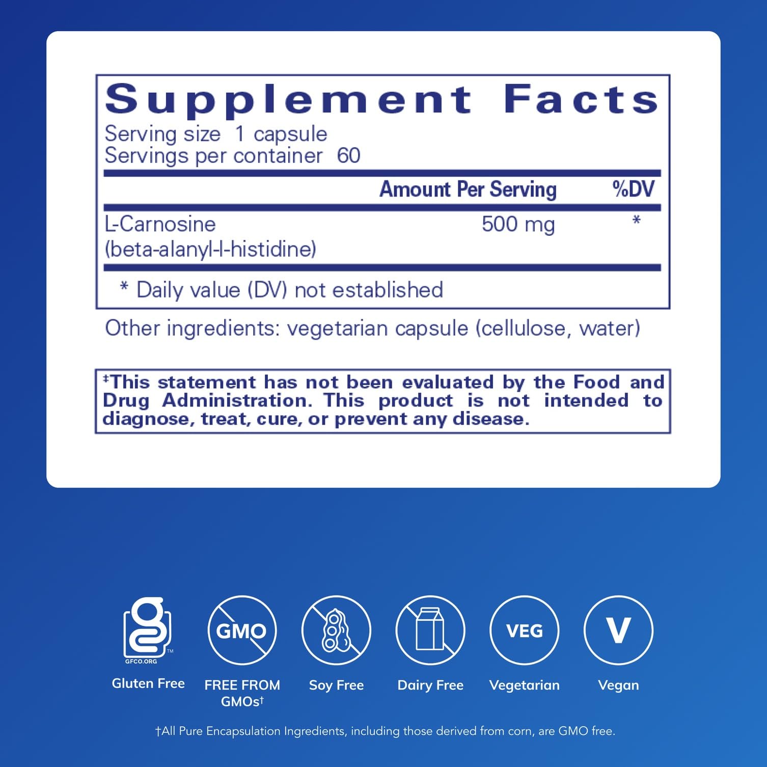 Pure Encapsulations etiqueta con información de l-carnosine y beneficios visibles