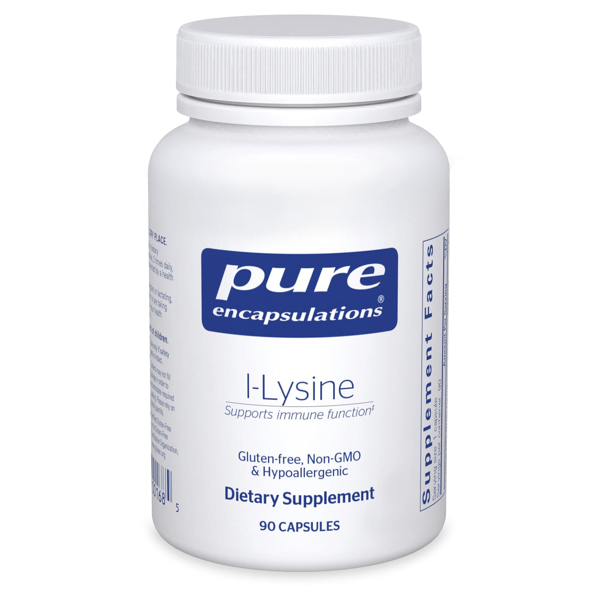 Pure Encapsulations frasco delantero mostrando L-Lysine y beneficio de pureza