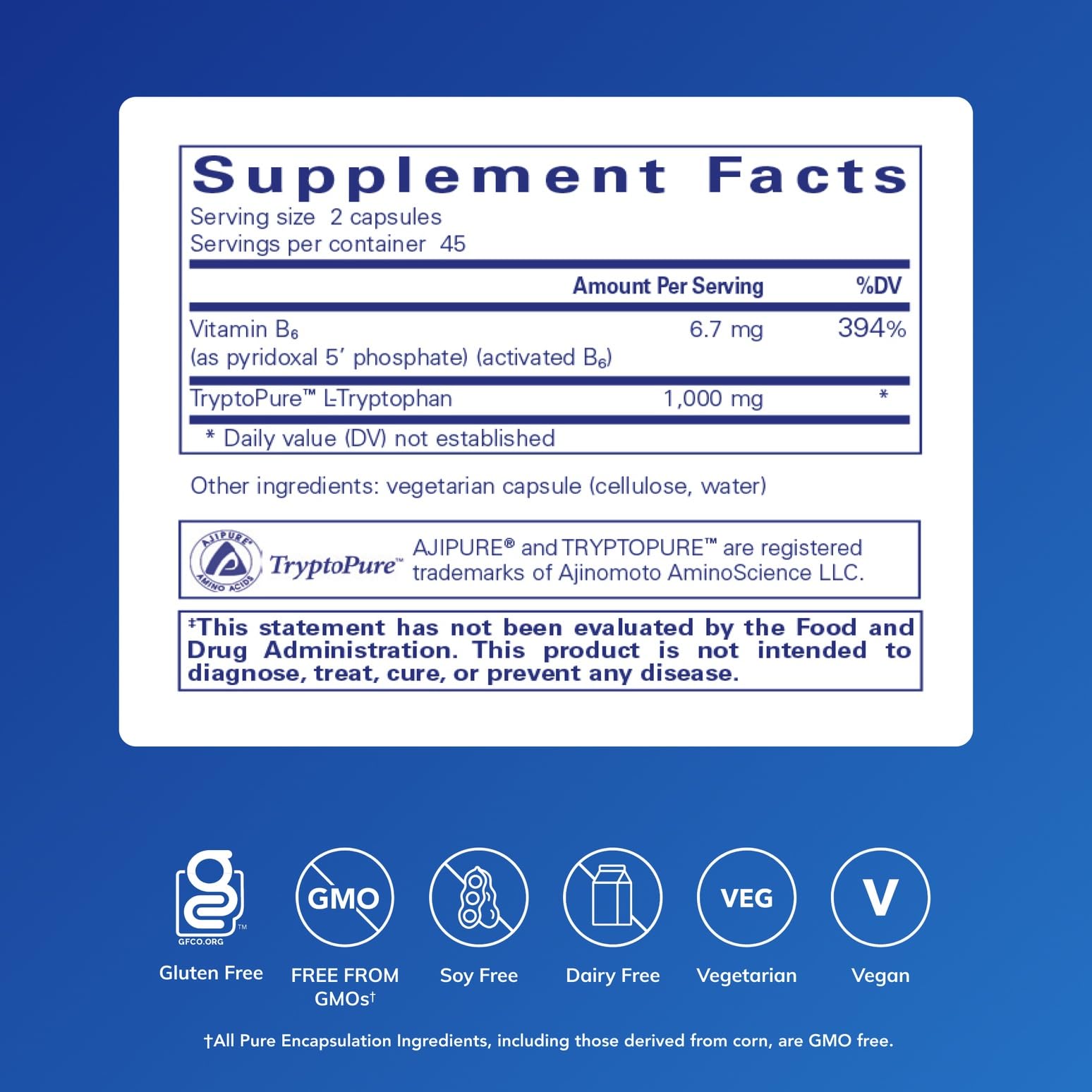 Close up de cápsula Pure Encapsulations L‑Tryptophan mostrando textura y facilidad de ingesta