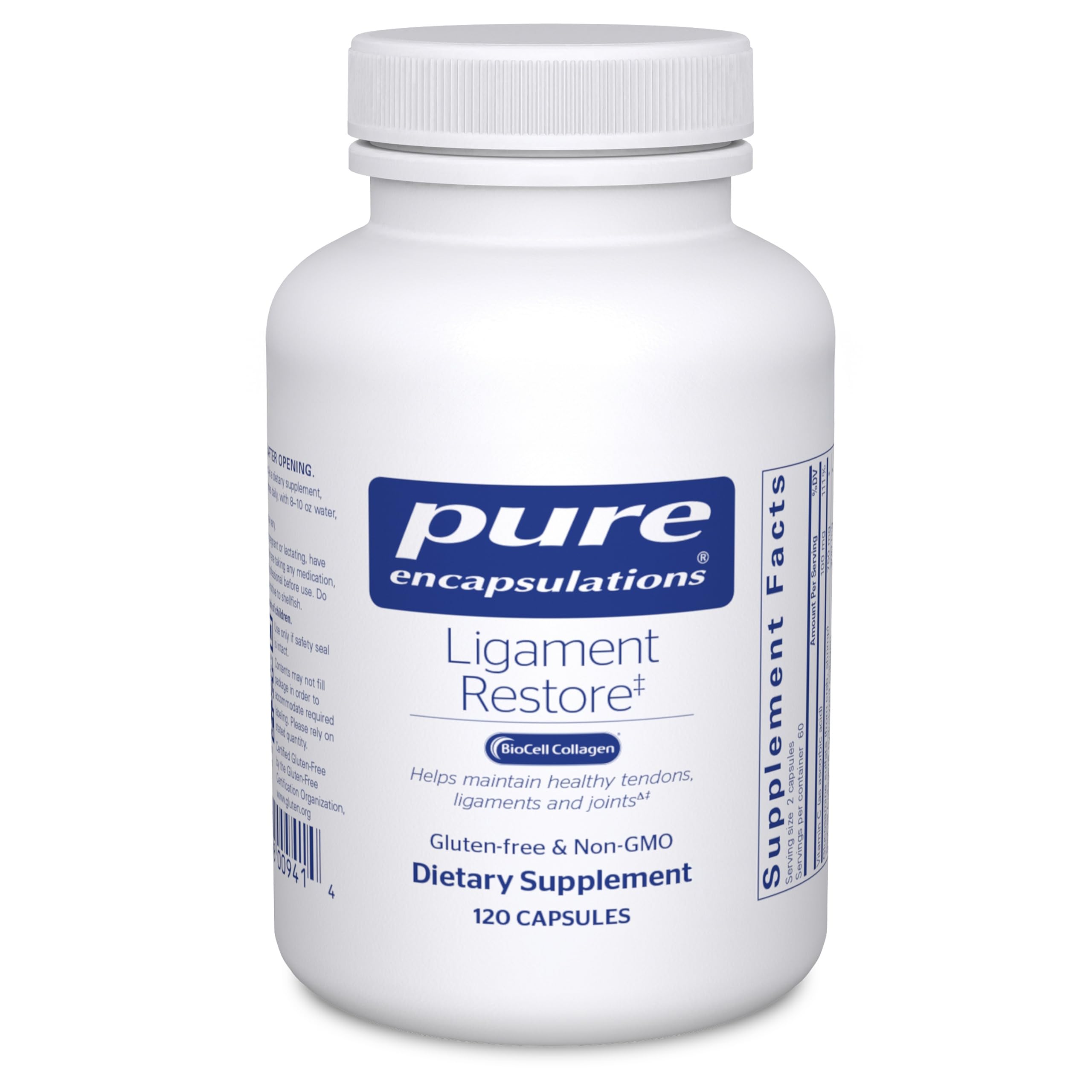 Pure Encapsulations frasco Ligament Restore frente mostrando diseño y beneficio de apoyo