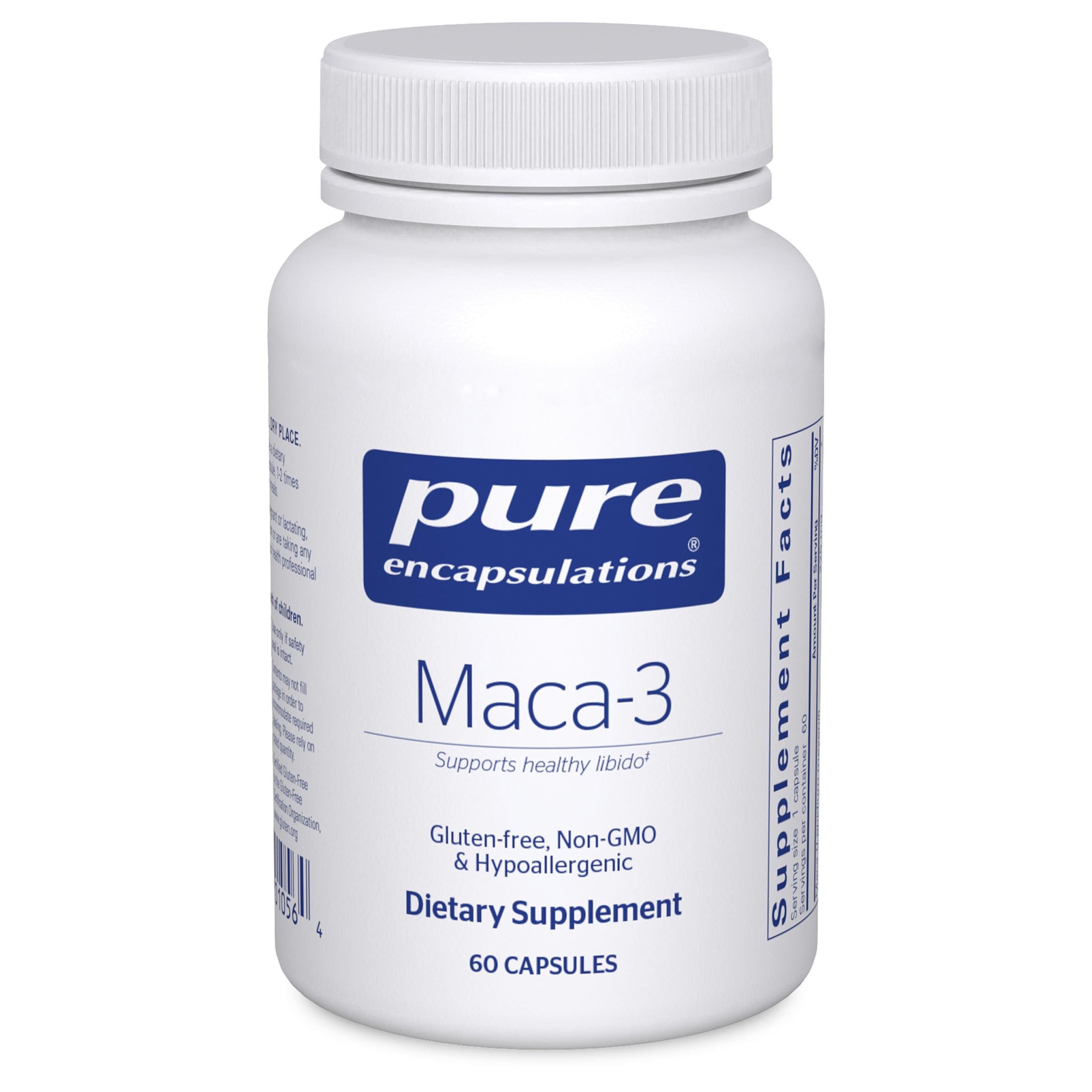 Pure Encapsulations envase frontal mostrando Maca-3 y beneficios claros