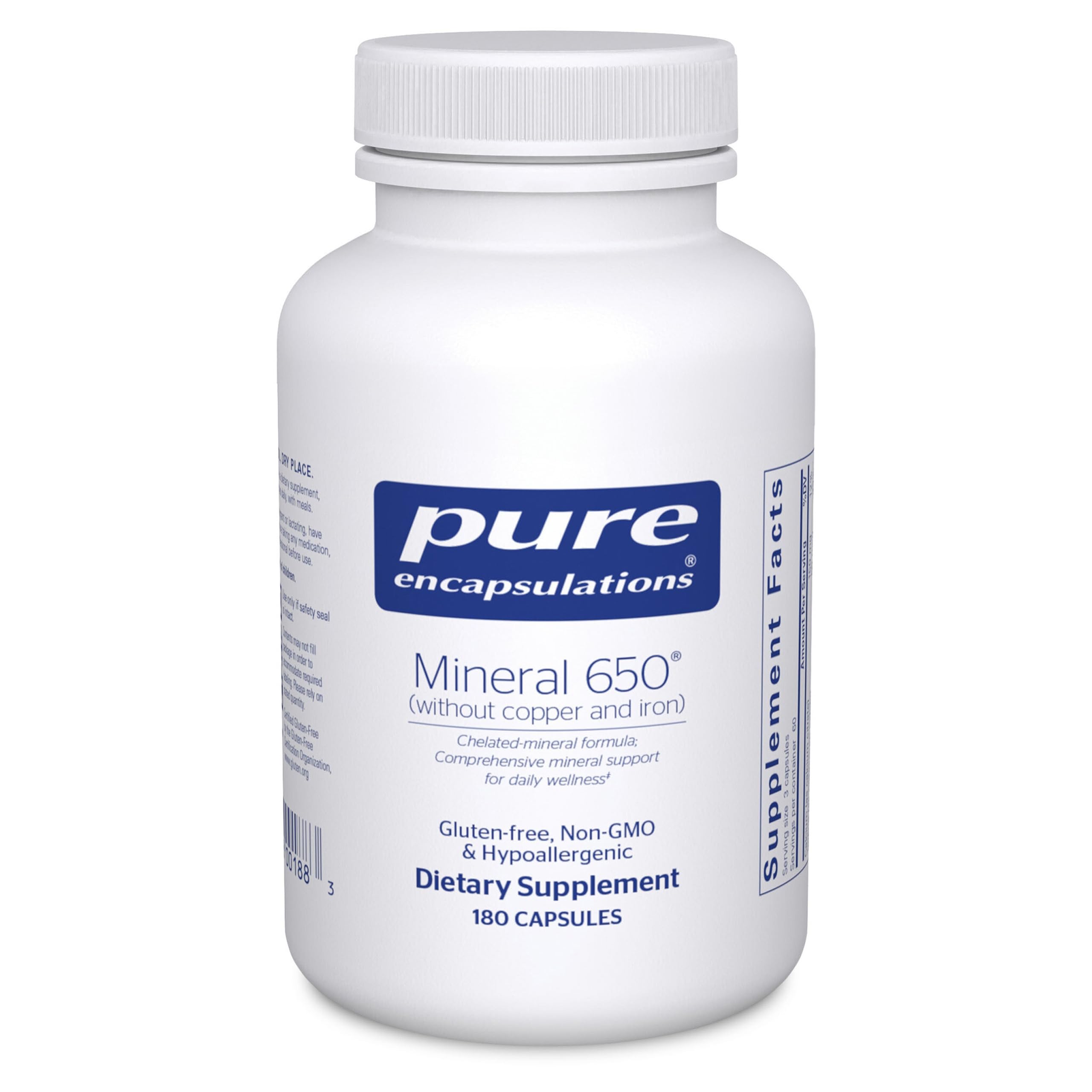 Pure Encapsulations envase frente mostrando 180 cápsulas y beneficios de pureza
