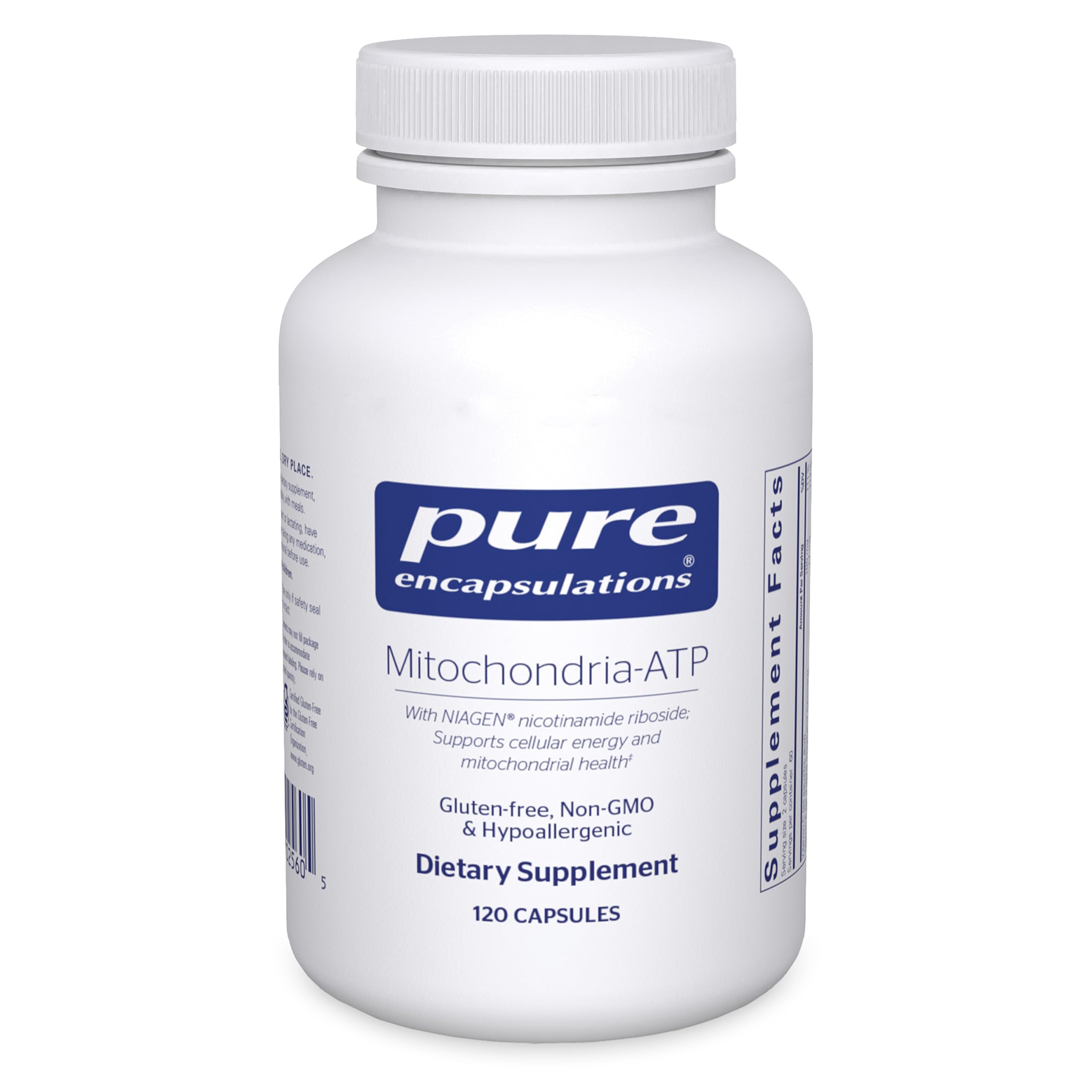 Pure Encapsulations frasco frente mostrando etiqueta y beneficio de apoyo mitocondrial