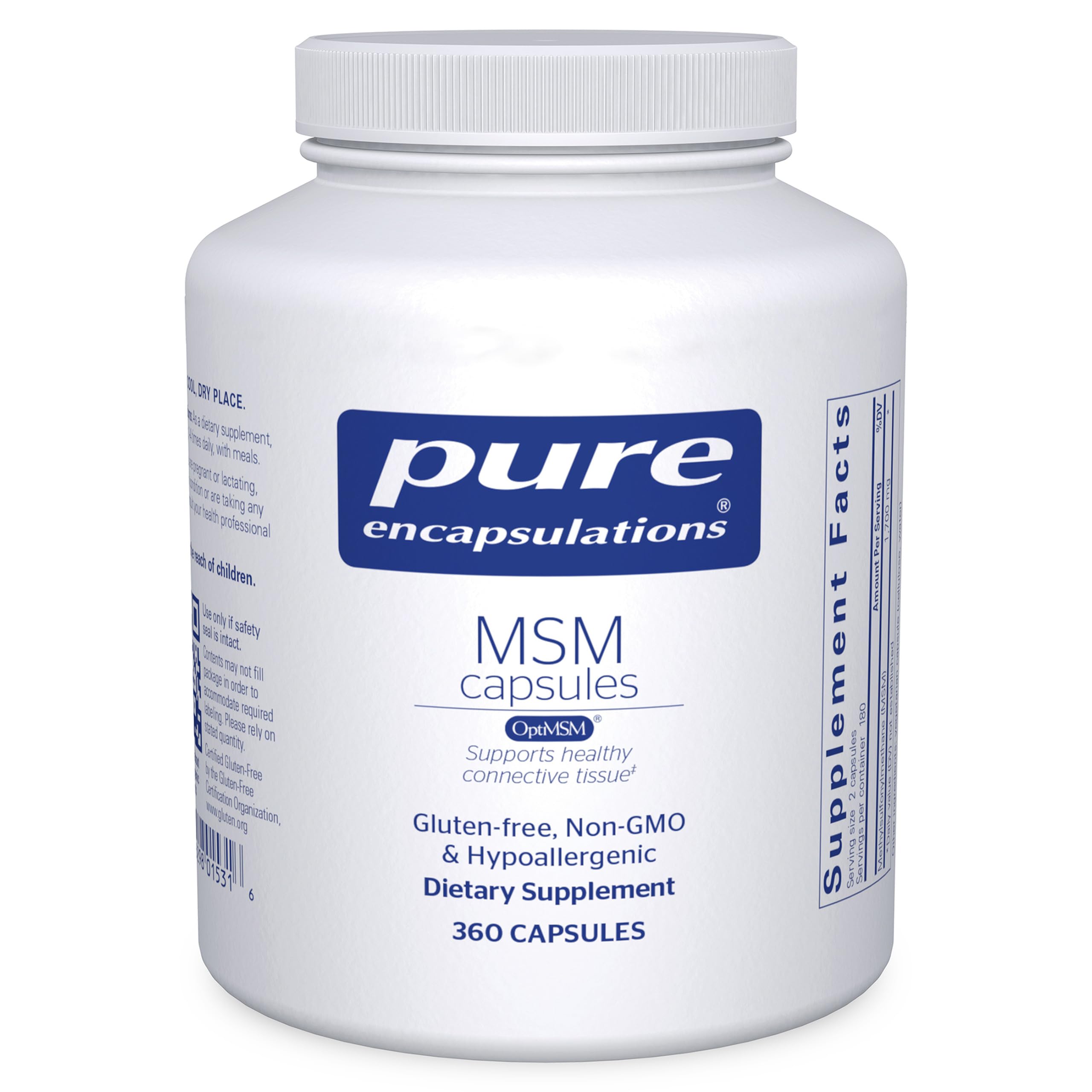Pure Encapsulations frasco MSM frente, muestra pureza y suministro prolongado