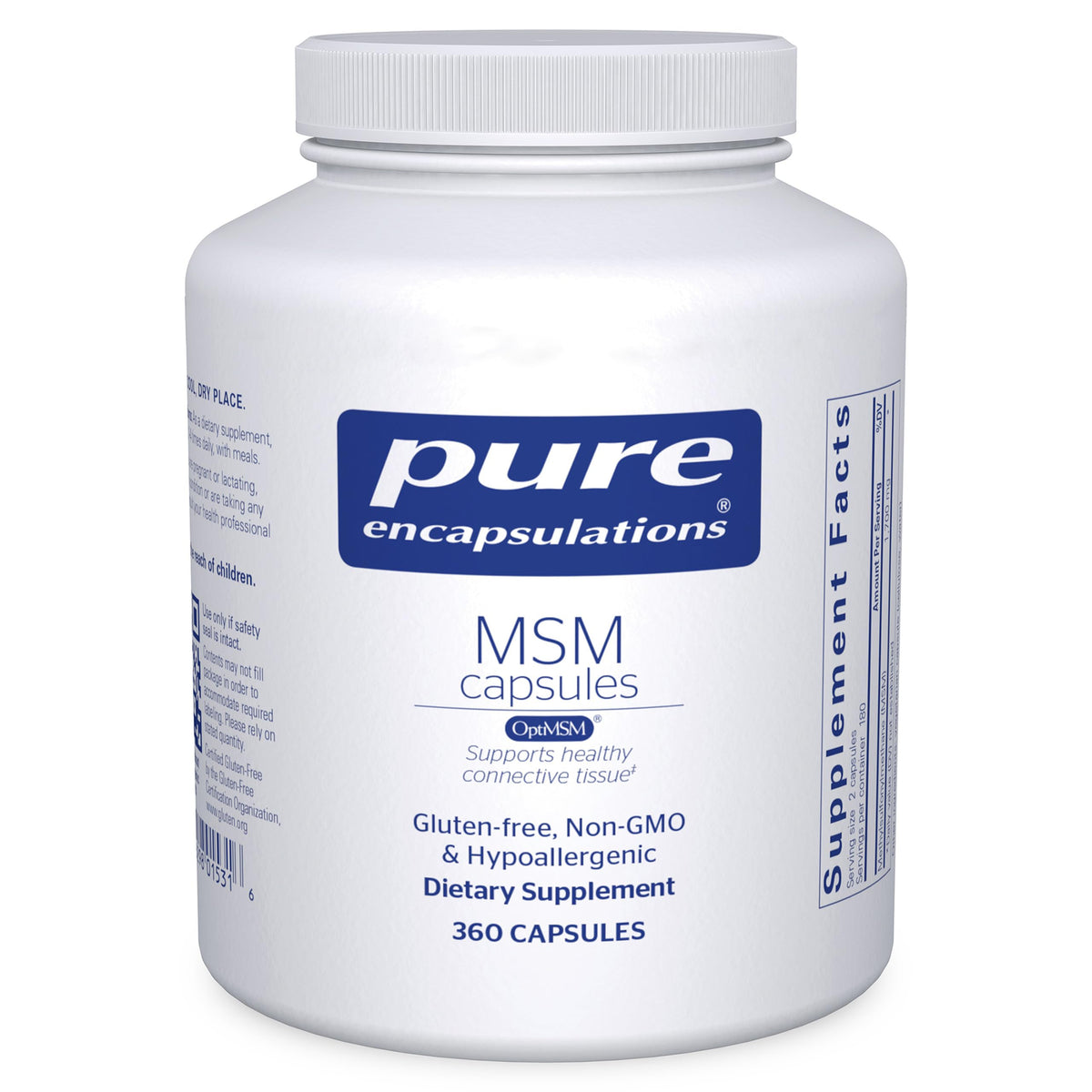 Pure Encapsulations frasco MSM frente, muestra pureza y suministro prolongado