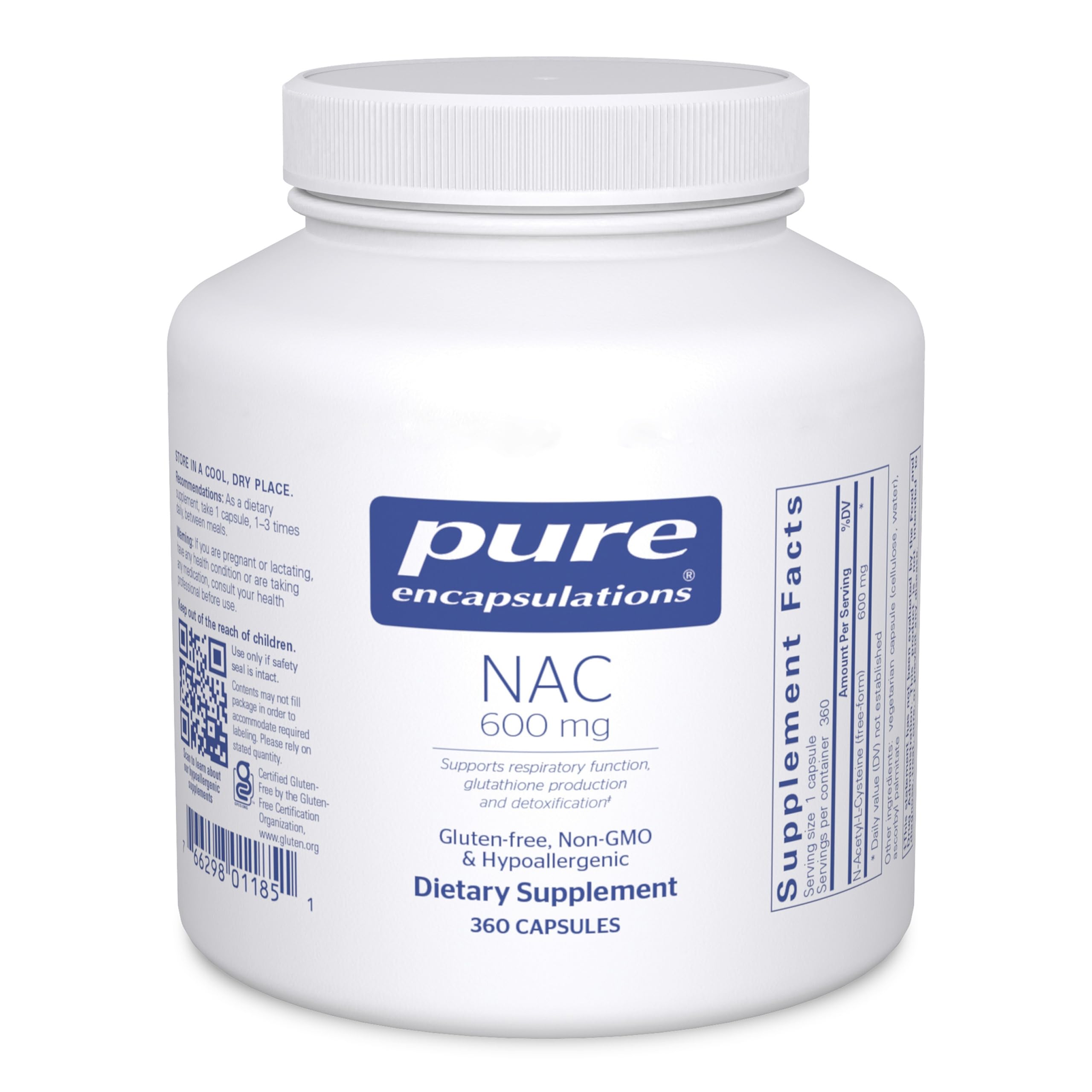 Pure Encapsulations envase frontal mostrando 360 cápsulas y claridad de dosis